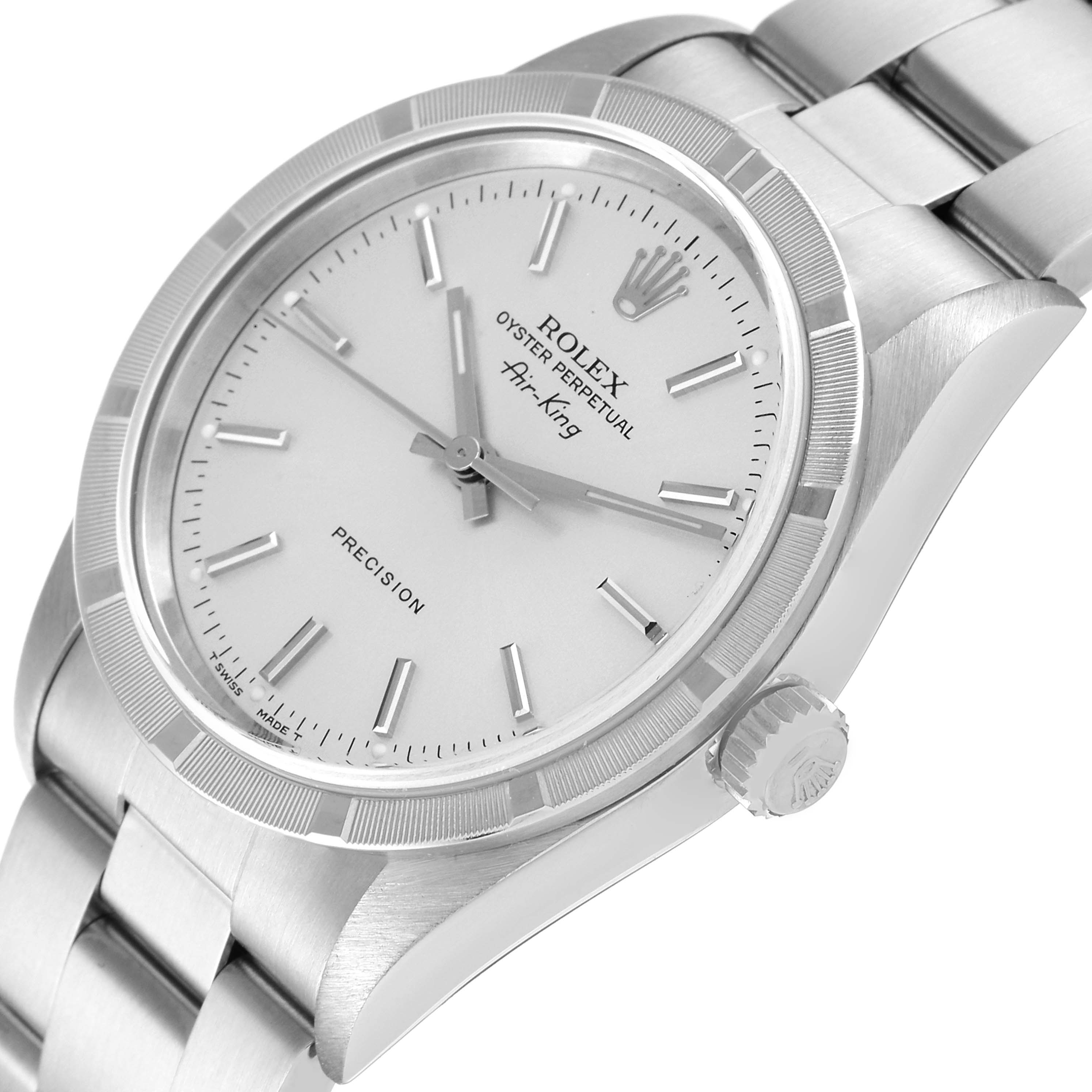 The image shows a close-up, angled view of the dial and part of the bracelet of the Rolex Air-King 14010 Men's Stainless Steel Silver Dial 14010 Men's Stainless Steel Silver Dial watch.
