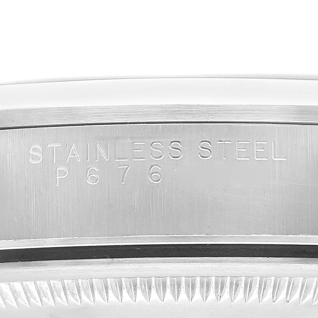 Close-up of the stainless steel case side and edge of the bezel of a Rolex Date 15200 Men's Stainless Steel Black Dial 15200 Men's Stainless Steel Black Dial watch.