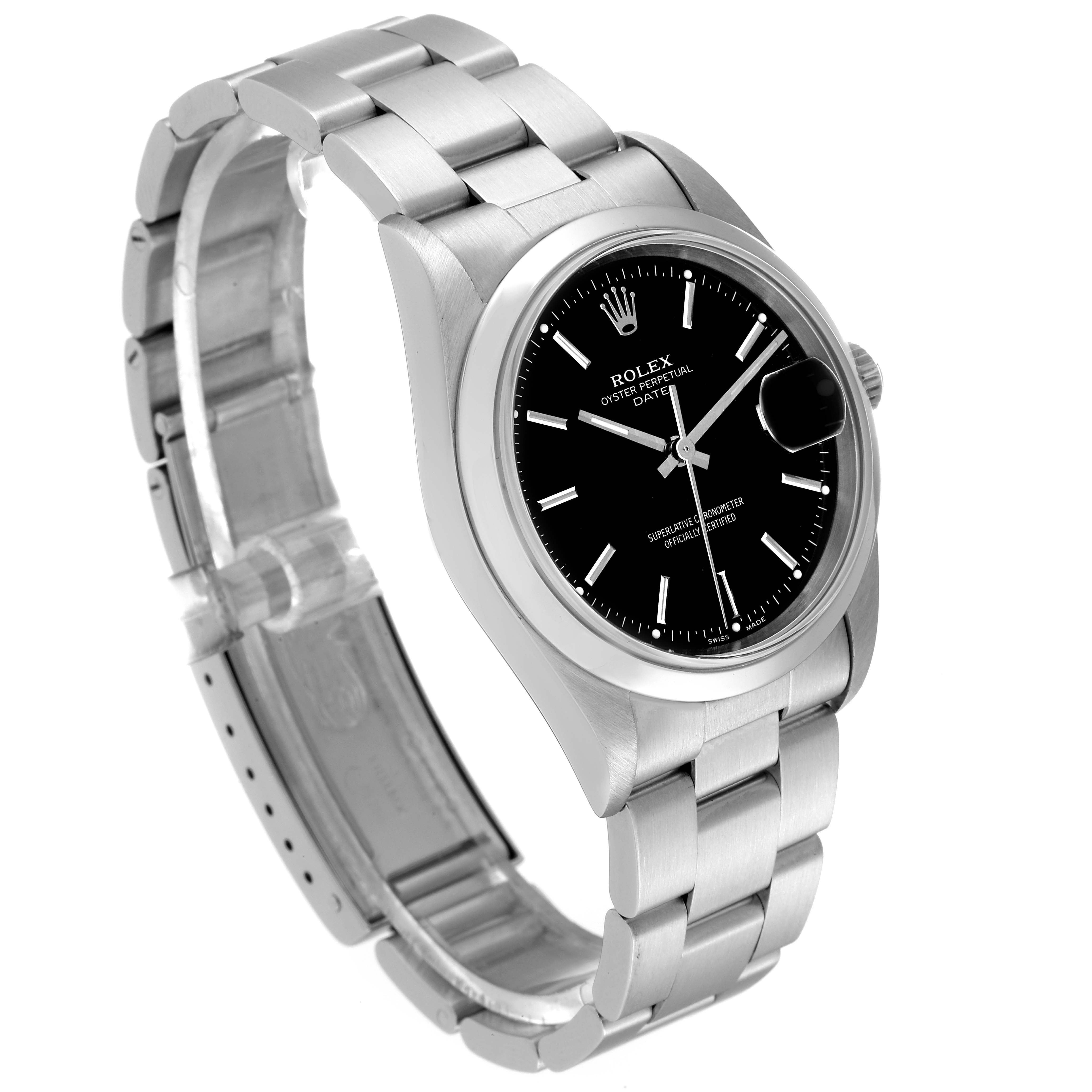 The image shows a side angle of a Rolex Date 15200 Men's Stainless Steel Black Dial 15200 Men's Stainless Steel Black Dial model watch, highlighting its metal bracelet and black dial.