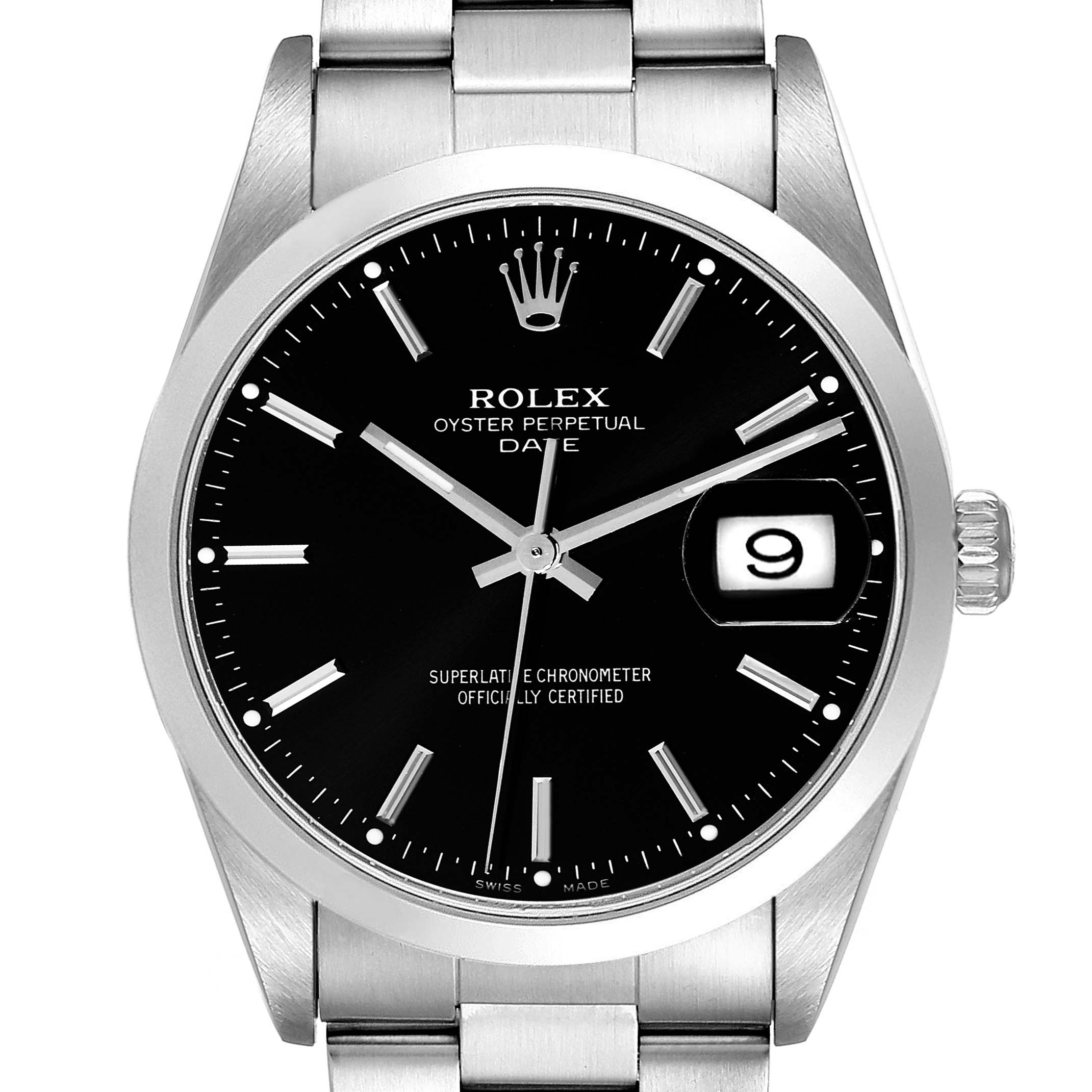 The image shows a frontal view of the Rolex Date 15200 Men's Stainless Steel Black Dial 15200 Men's Stainless Steel Black Dial model watch, displaying the dial, hands, crown, and part of the bracelet.