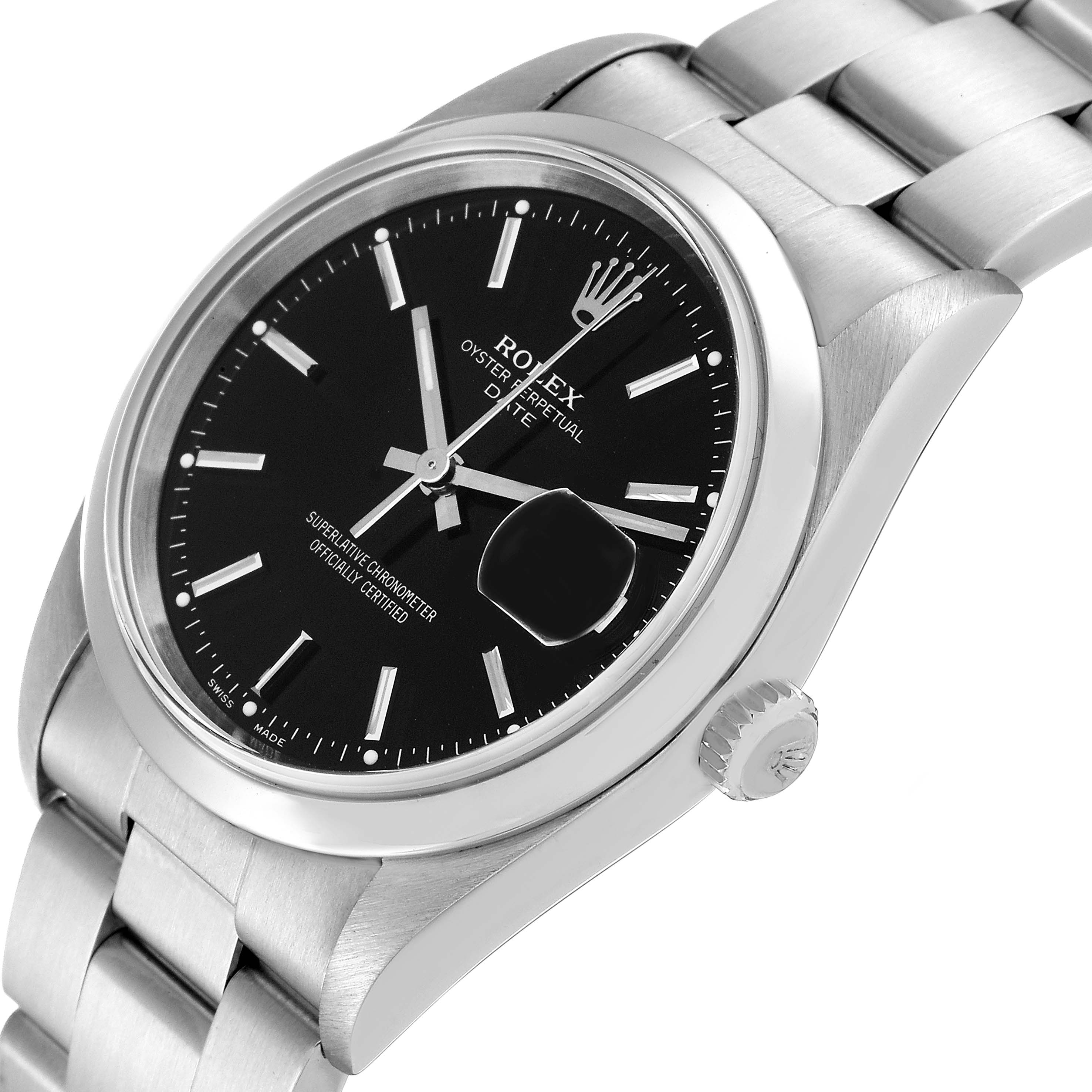 The image shows a close-up of the face and part of the bracelet of a Rolex Date 15200 Men's Stainless Steel Black Dial 15200 Men's Stainless Steel Black Dial model watch.