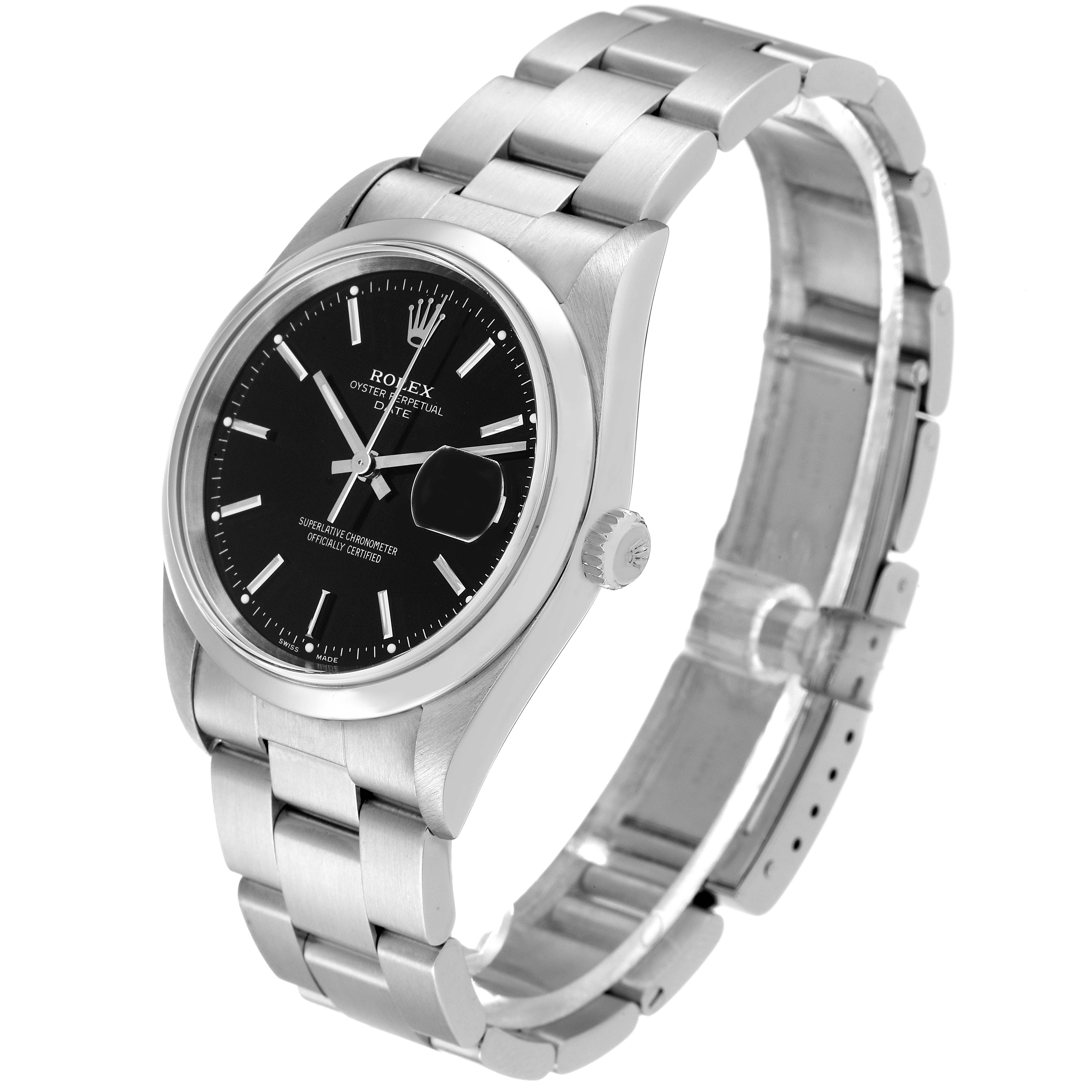 The image shows a side view of the Rolex Date 15200 Men's Stainless Steel Black Dial 15200 Men's Stainless Steel Black Dial model watch, displaying its black dial, bracelet, and clasp.