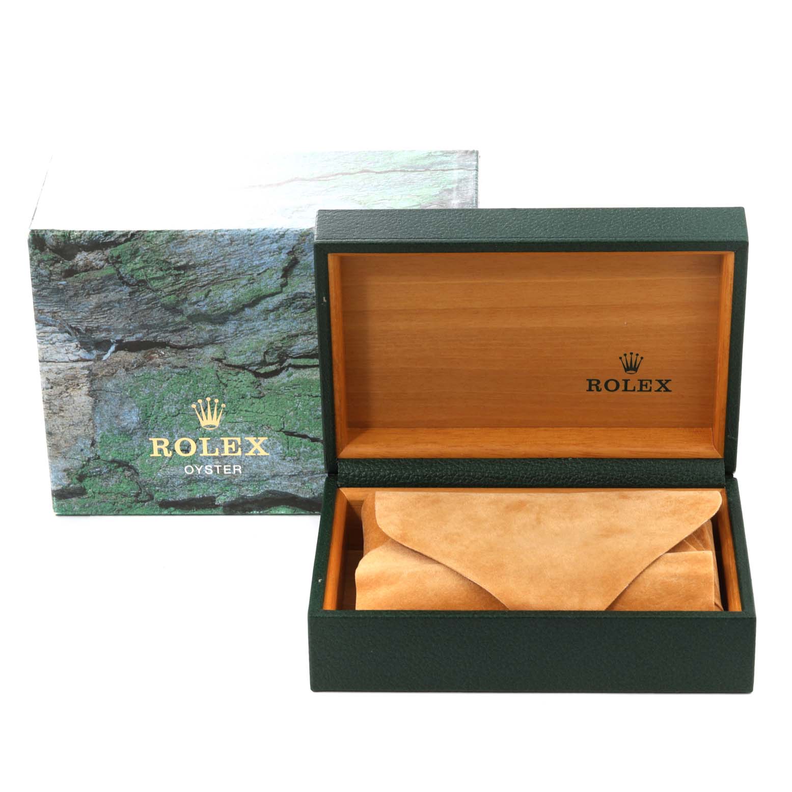 The image shows an open Rolex Date 15200 Men's Stainless Steel Black Dial 15200 Men's Stainless Steel Black Dial model watch box with wooden interior and a suede pouch, alongside its outer packaging.