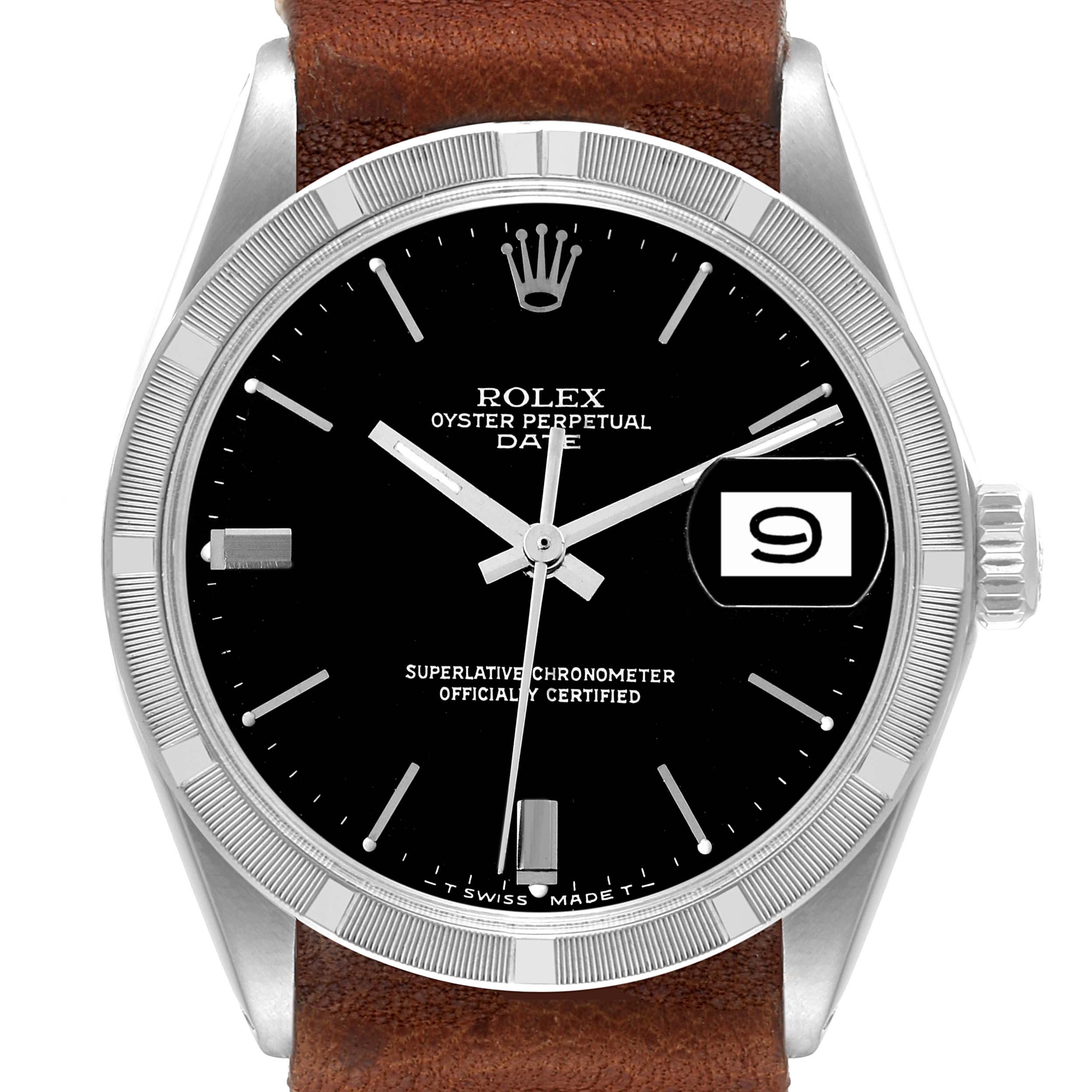 The image shows a frontal view of the Rolex Date 1501 Men's Stainless Steel Black Dial 1501 Men's Stainless Steel Black Dial model, highlighting its black dial, silver hands, date window, and brown leather strap.