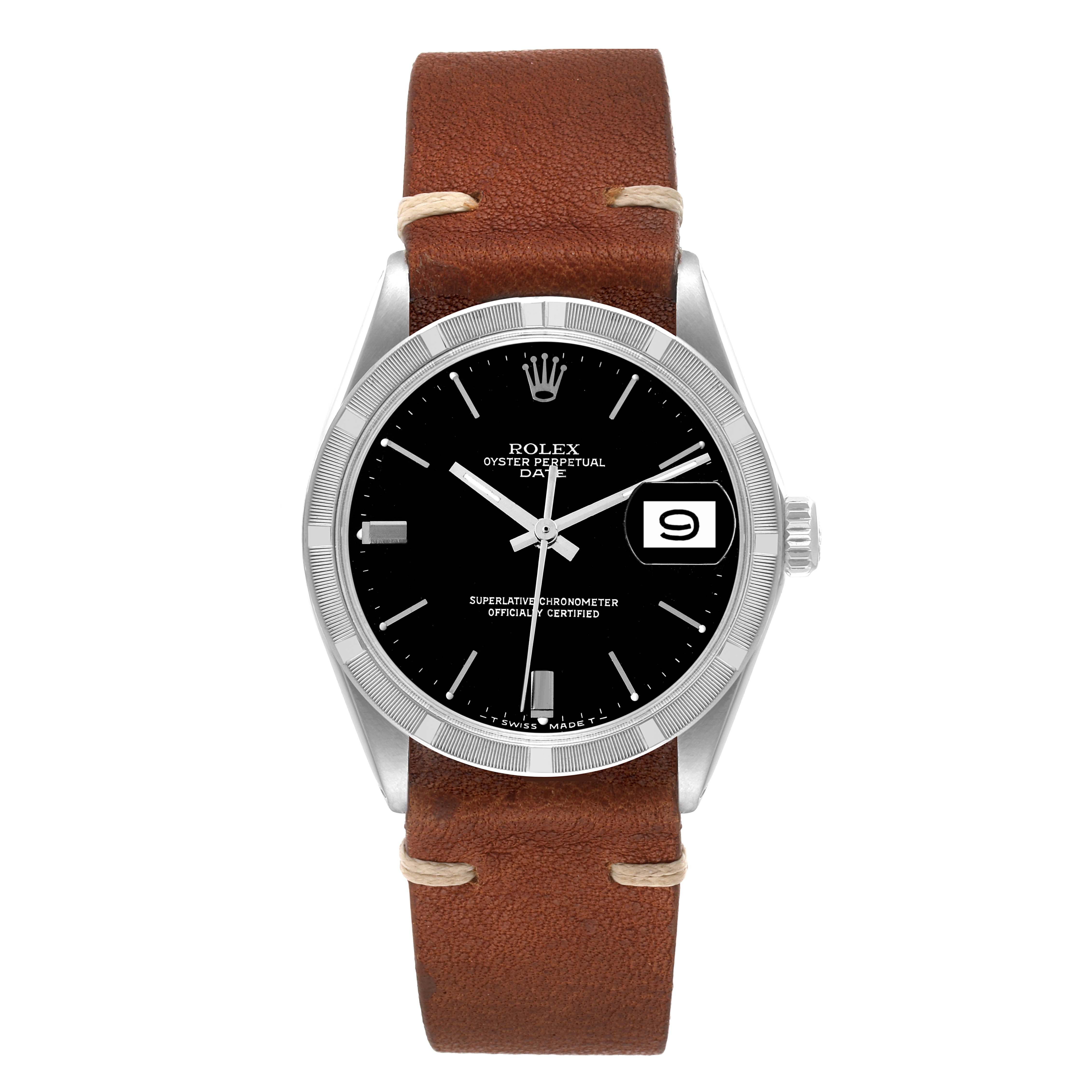 This is a front view of the Rolex Date 1501 Men's Stainless Steel Black Dial 1501 Men's Stainless Steel Black Dial model showing the dial, bezel, crown, and leather strap.