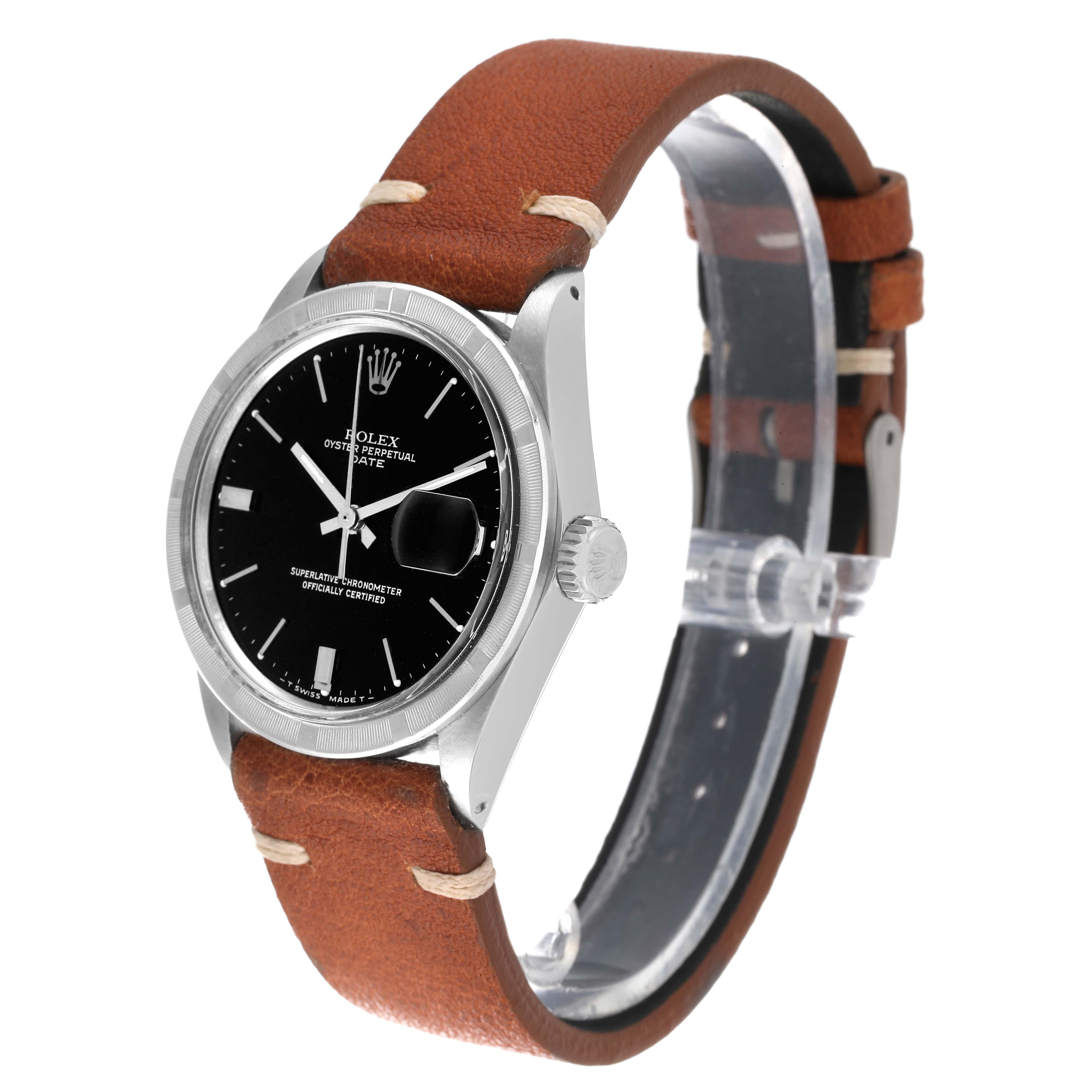 The image shows a side angle of a Rolex Date 1501 Men's Stainless Steel Black Dial 1501 Men's Stainless Steel Black Dial model watch, highlighting the face, bezel, crown, and leather strap.