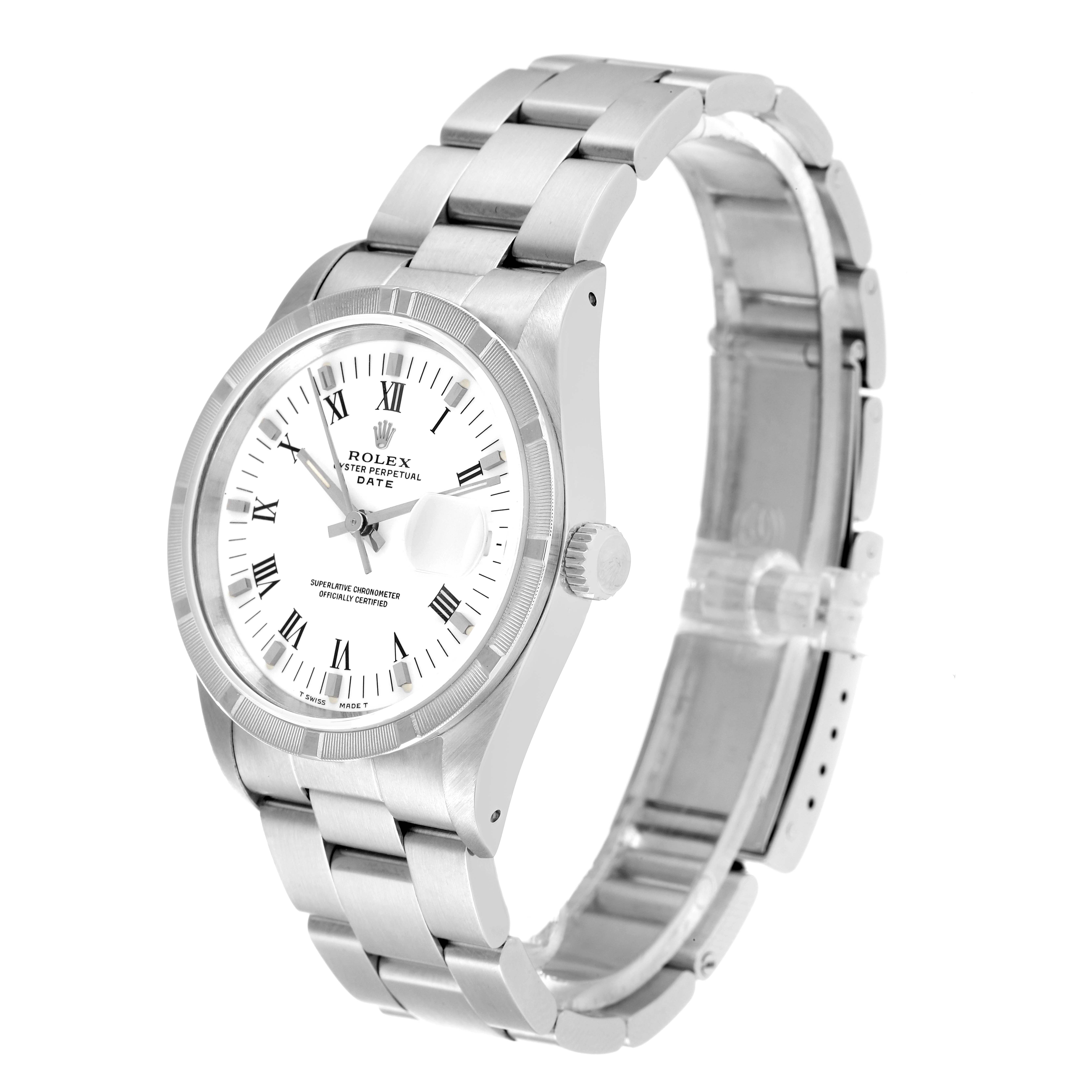 The image shows a Rolex Date 15210 Men
s Stainless Steel White Dial 15210 Men
s Stainless Steel White Dial model watch at an angled view, displaying the dial, bezel, crown, and metal bracelet.