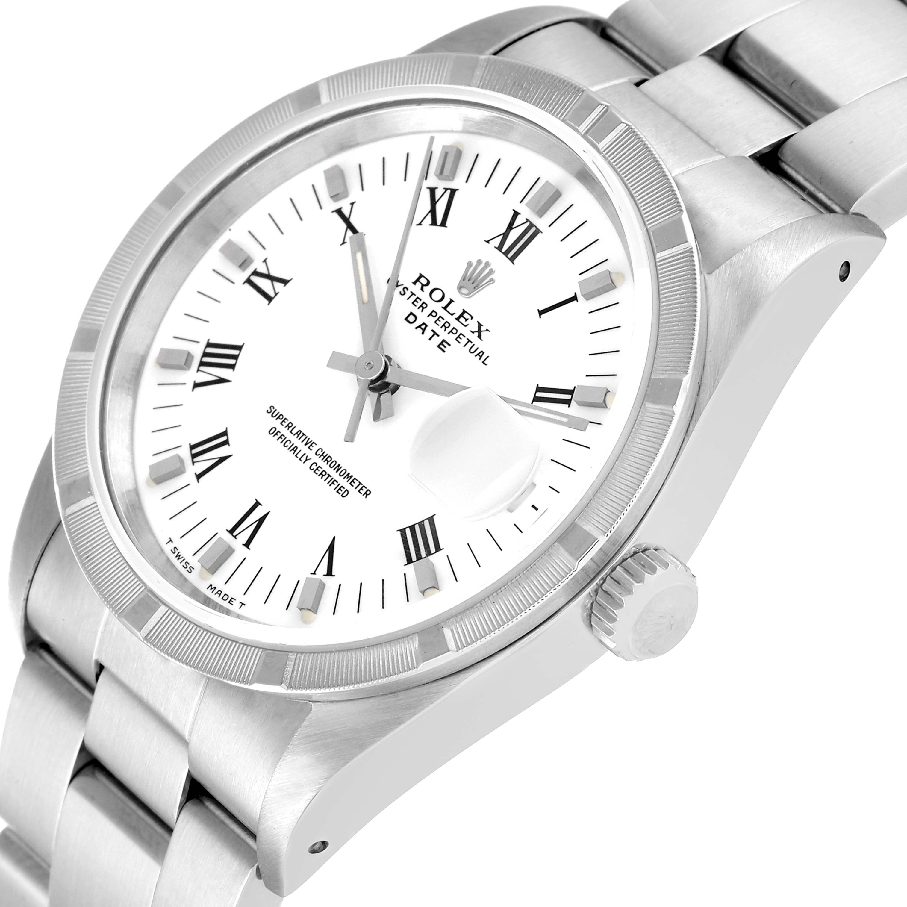 The image shows a close-up angle of the face, crown, and part of the bracelet of a Rolex Date 15210 Men
s Stainless Steel White Dial 15210 Men
s Stainless Steel White Dial model watch.