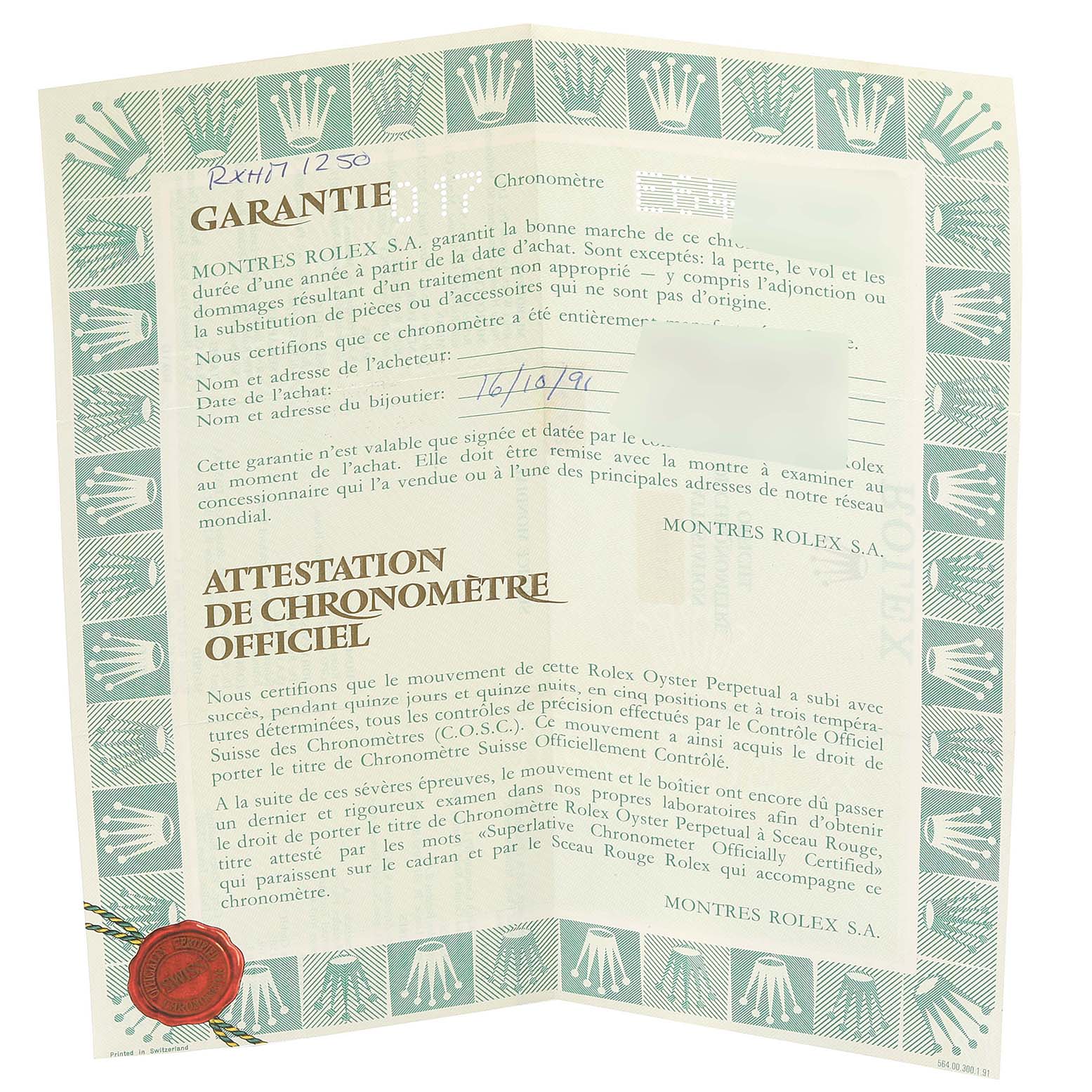 The image shows a warranty certificate for a Rolex Date 15210 Men
s Stainless Steel White Dial 15210 Men
s Stainless Steel White Dial model, displayed open with visible text and logos.