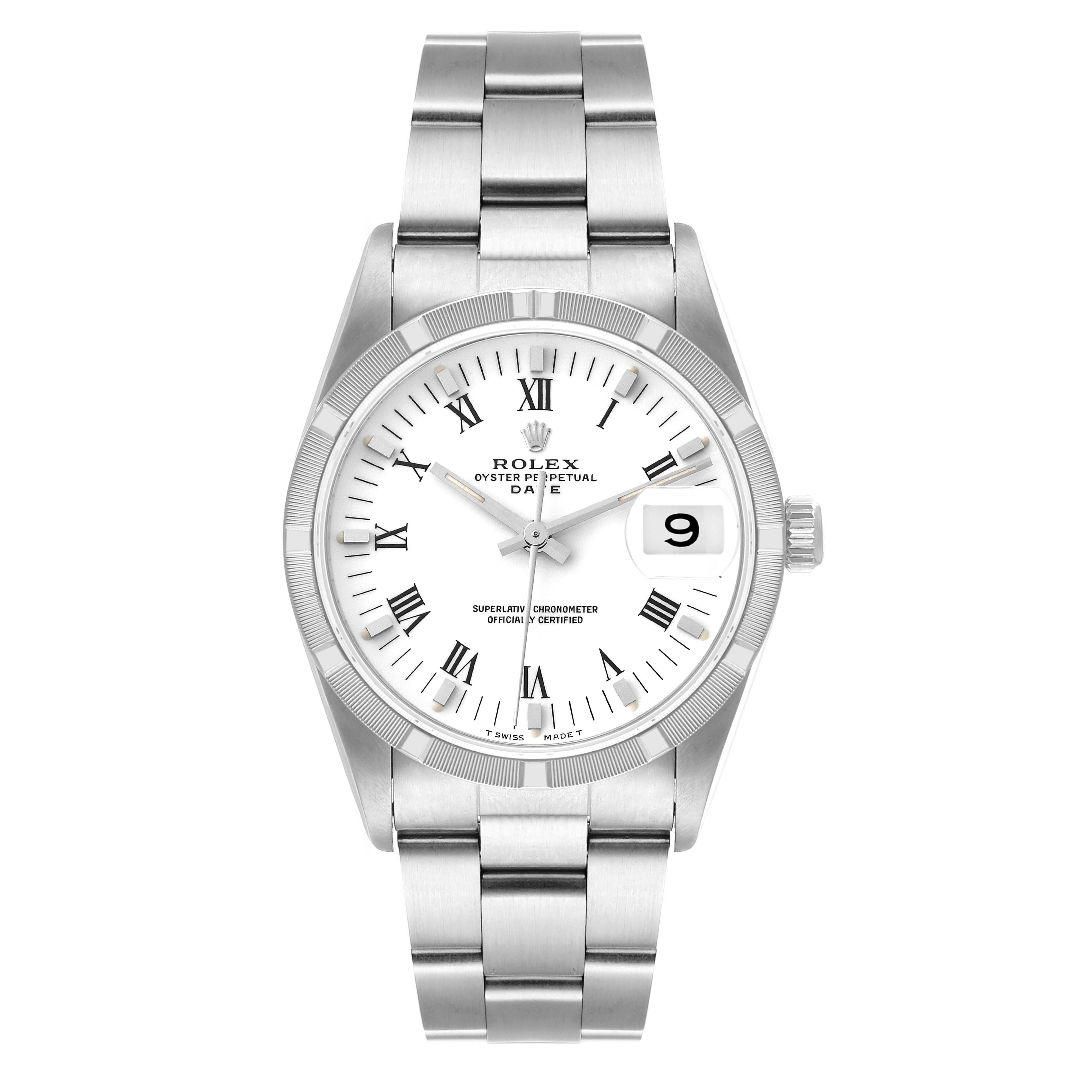 The Rolex Date 15210 Men
s Stainless Steel White Dial 15210 Men
s Stainless Steel White Dial model watch is shown from a front angle, displaying the dial, hands, date window, and bracelet.