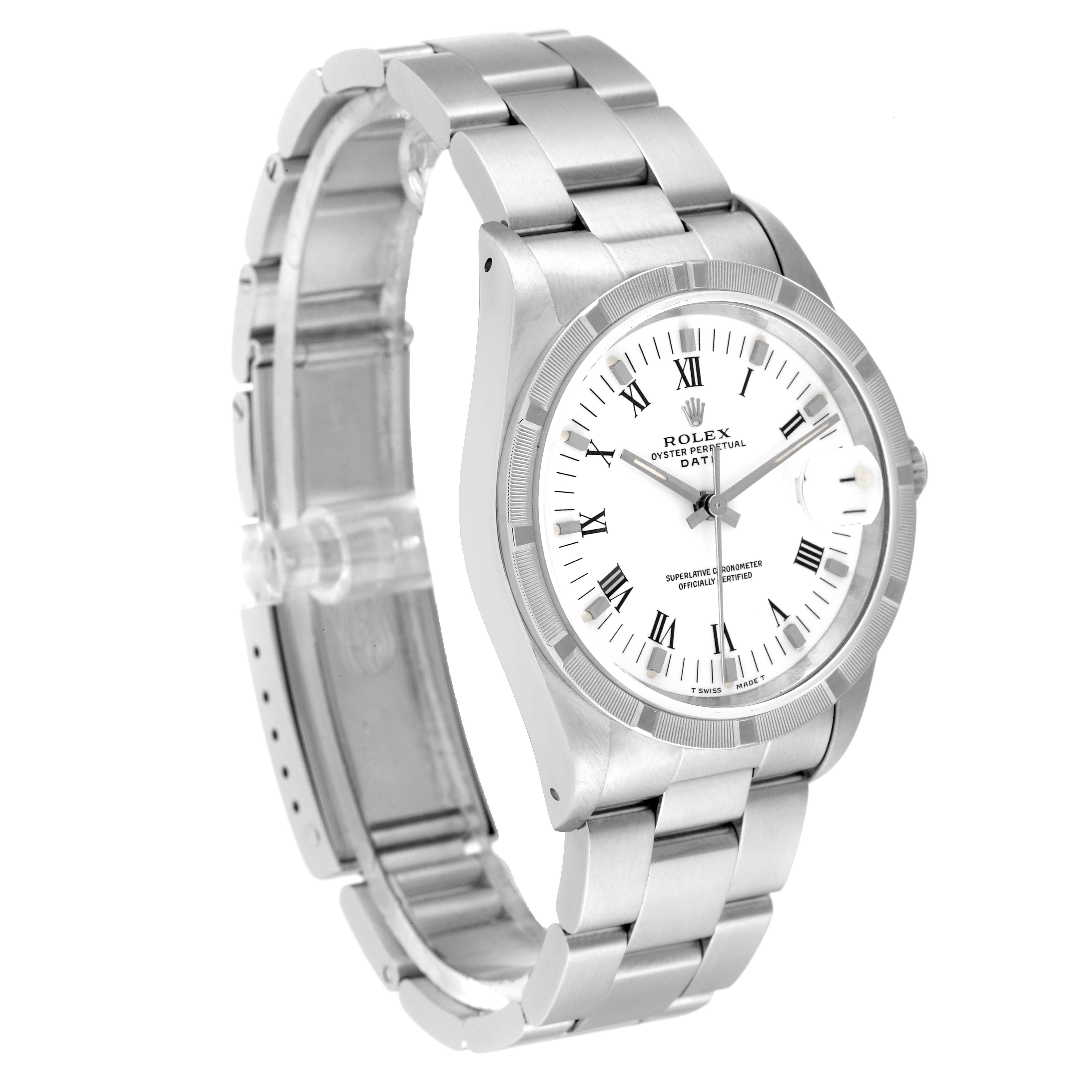 The image shows a Rolex Date 15210 Men
s Stainless Steel White Dial 15210 Men
s Stainless Steel White Dial watch from a front-left angle, displaying the dial, bezel, and bracelet.