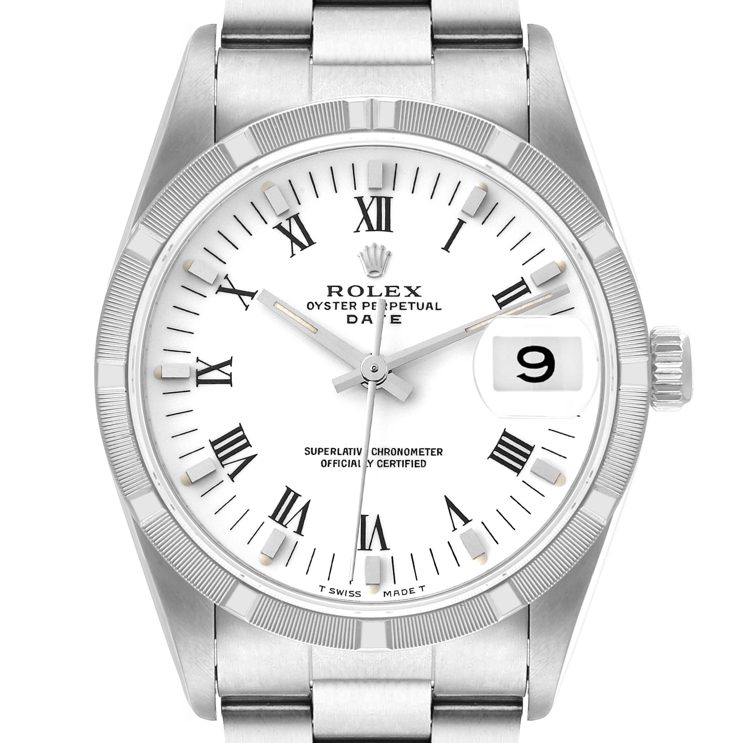 The image shows a front view of the Rolex Date 15210 Men
s Stainless Steel White Dial 15210 Men
s Stainless Steel White Dial model watch, highlighting the dial, bezel, and part of the bracelet.