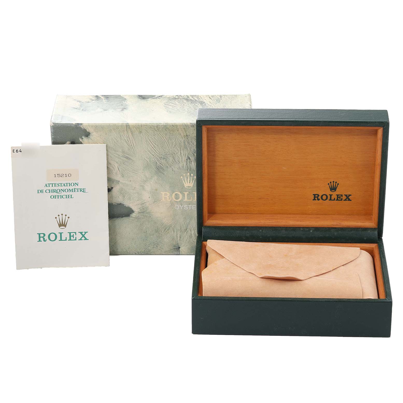 The image shows a Rolex Date 15210 Men
s Stainless Steel White Dial 15210 Men
s Stainless Steel White Dial model watch box, certification papers, and a suede watch pouch, all viewed from a front angle.