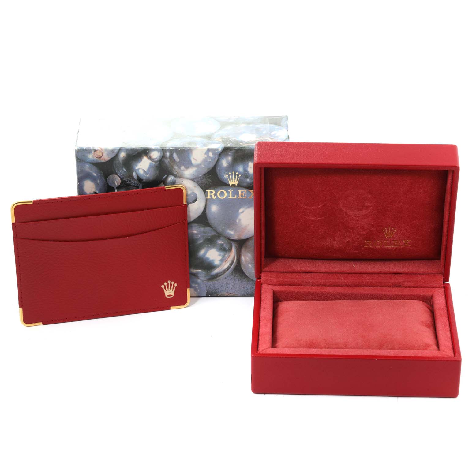 The image shows a Rolex Datejust 69173 Women's Steel and Gold (two tone) Champagne Dial 69173 Women's Steel and Gold (two tone) Champagne Dial watch box, a leather wallet, and an outer cardboard box.