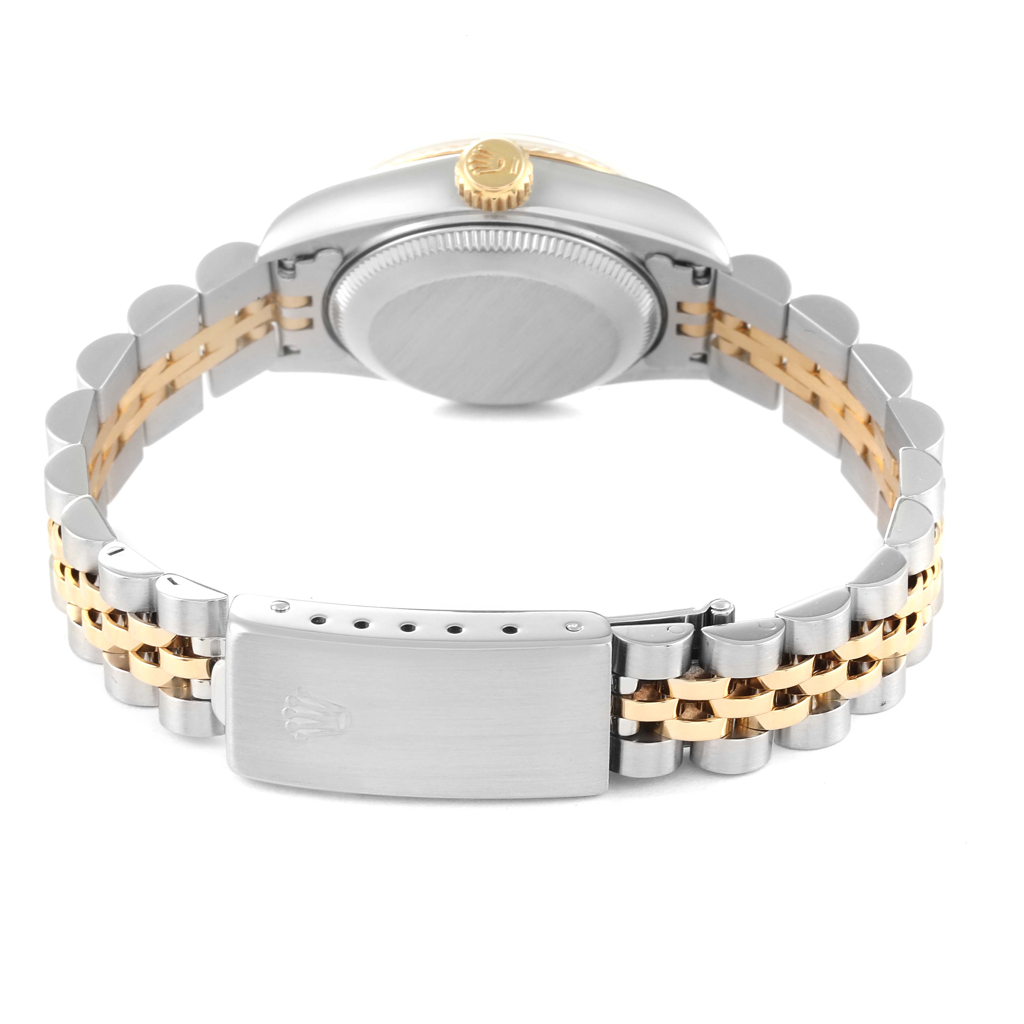 The image displays the back view of the Rolex Datejust 69173 Women's Steel and Gold (two tone) Champagne Dial 69173 Women's Steel and Gold (two tone) Champagne Dial watch, highlighting the case back and bracelet clasp.