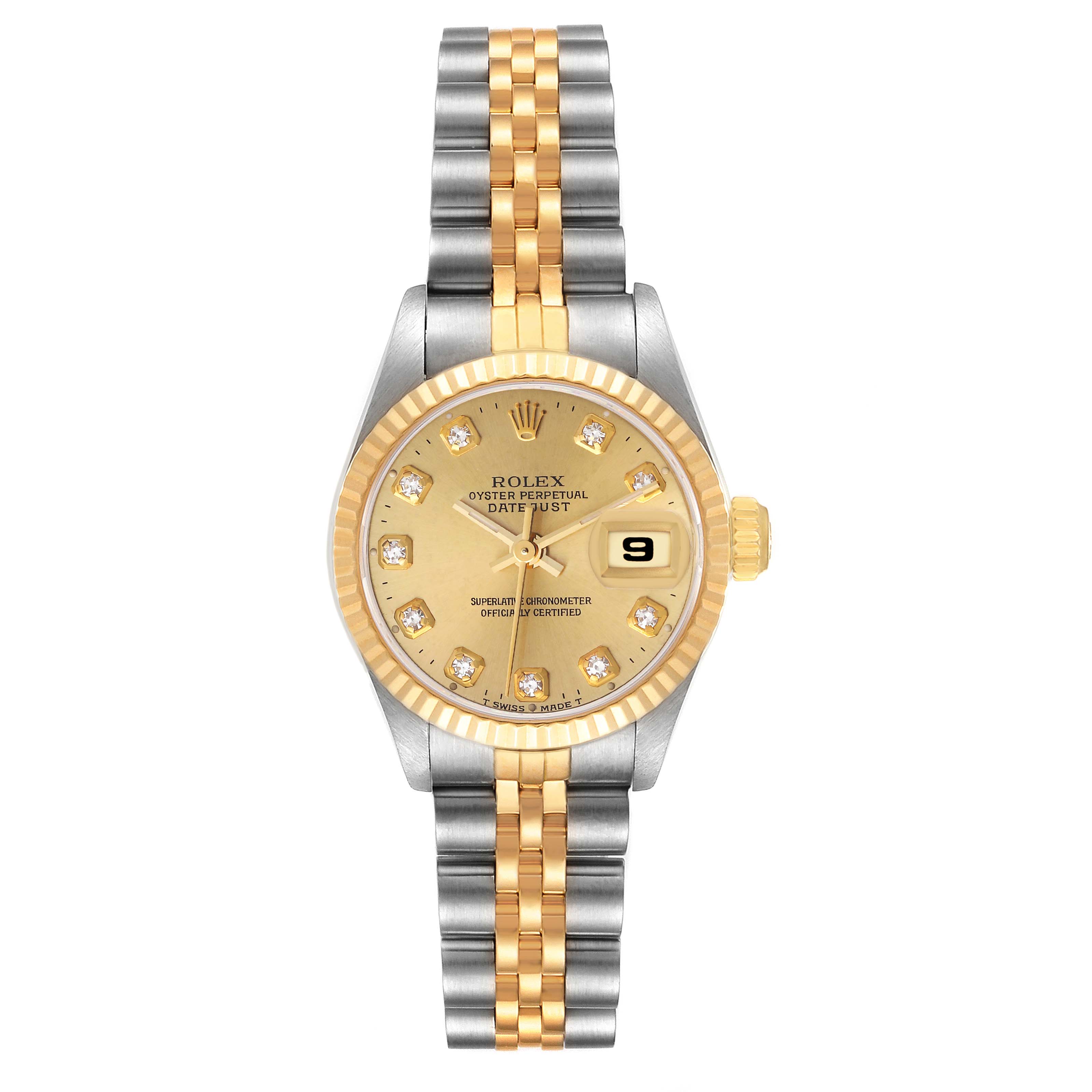This image shows the front view of a Rolex Datejust 69173 Women's Steel and Gold (two tone) Champagne Dial 69173 Women's Steel and Gold (two tone) Champagne Dial watch, highlighting its two-tone strap, gold dial, and date display.