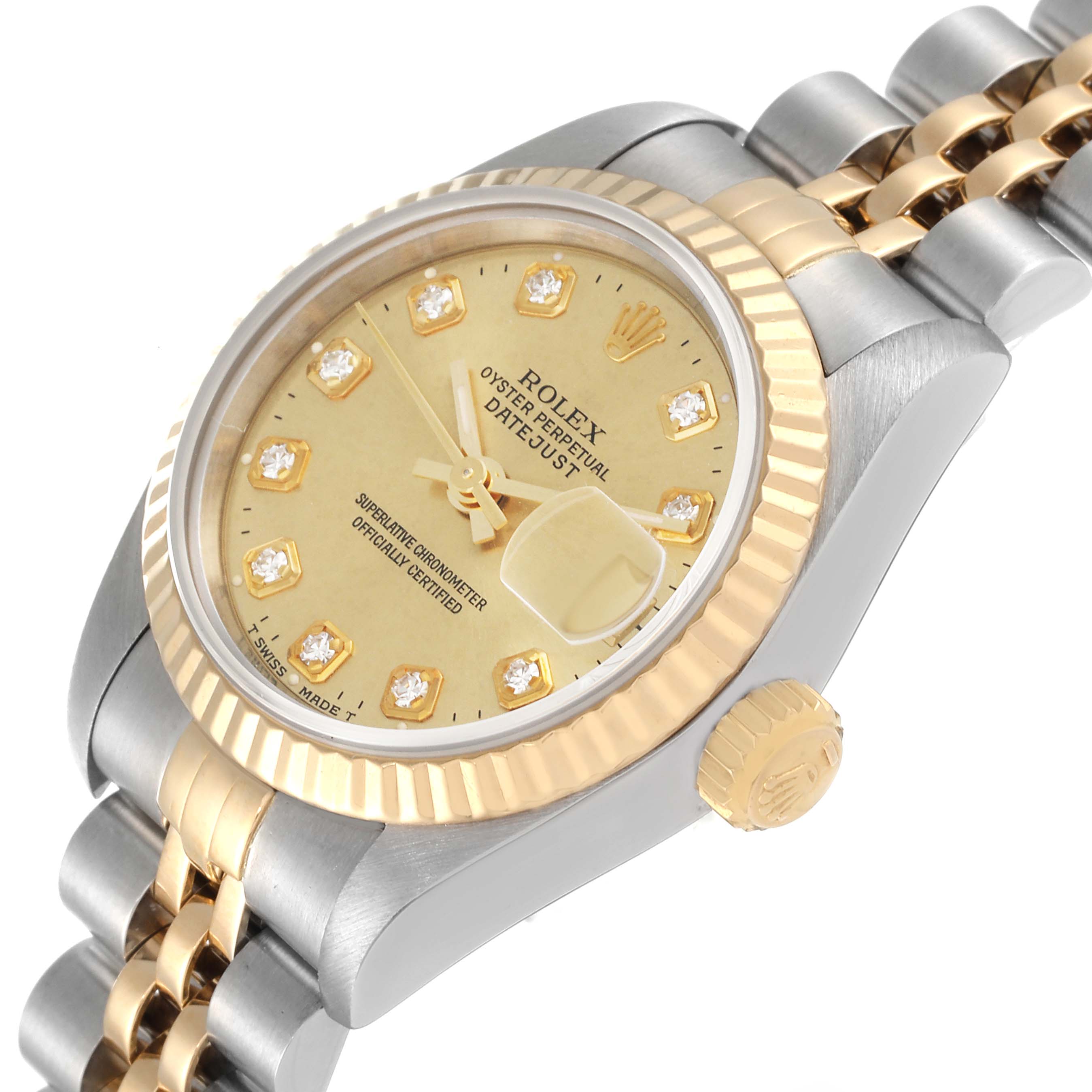 The image shows a Rolex Datejust 69173 Women's Steel and Gold (two tone) Champagne Dial 69173 Women's Steel and Gold (two tone) Champagne Dial watch at a slight angle, highlighting the dial, fluted bezel, crown, and part of the bracelet.