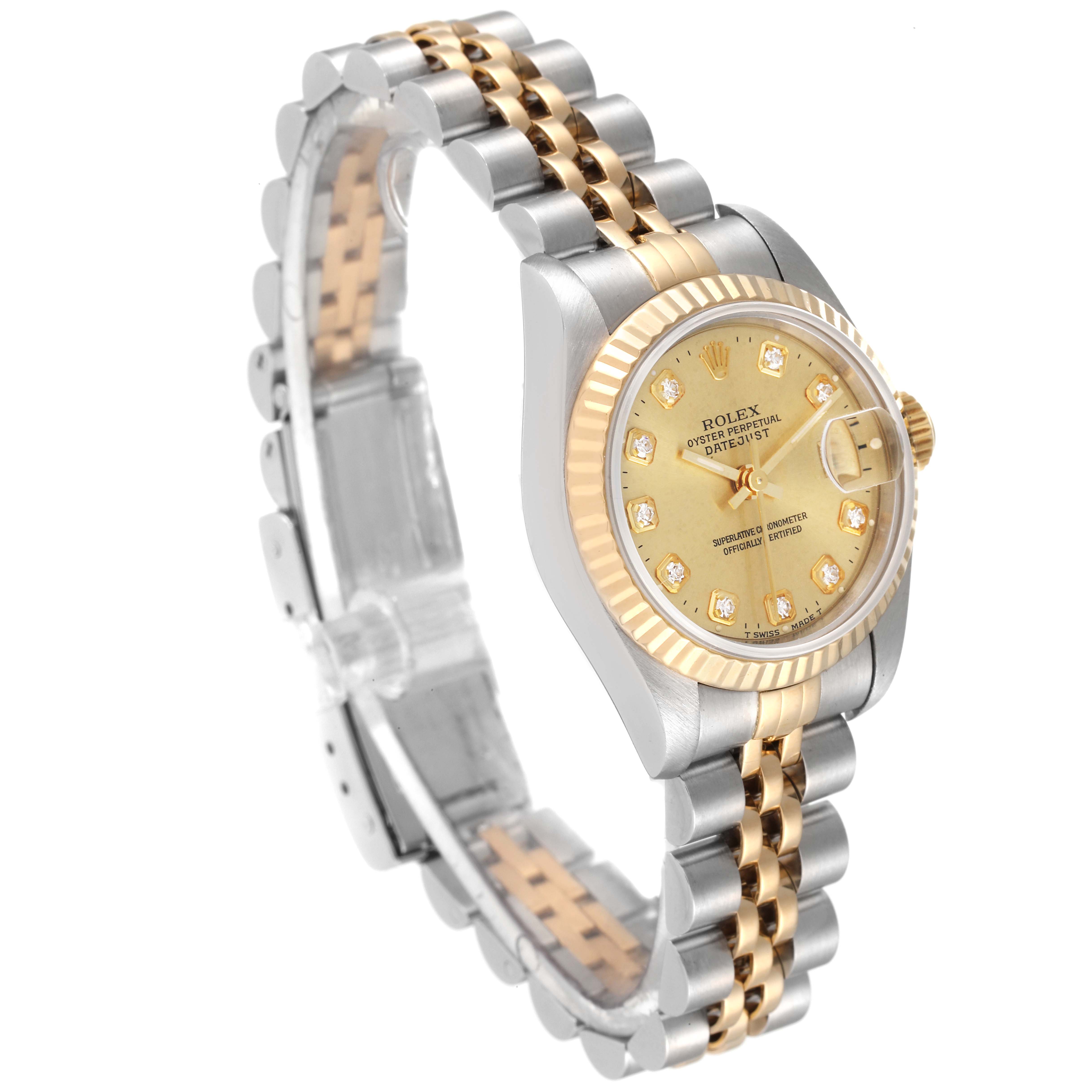 The image shows a Rolex Datejust 69173 Women's Steel and Gold (two tone) Champagne Dial 69173 Women's Steel and Gold (two tone) Champagne Dial watch at a slight angle, highlighting its dial, bezel, and two-tone bracelet.