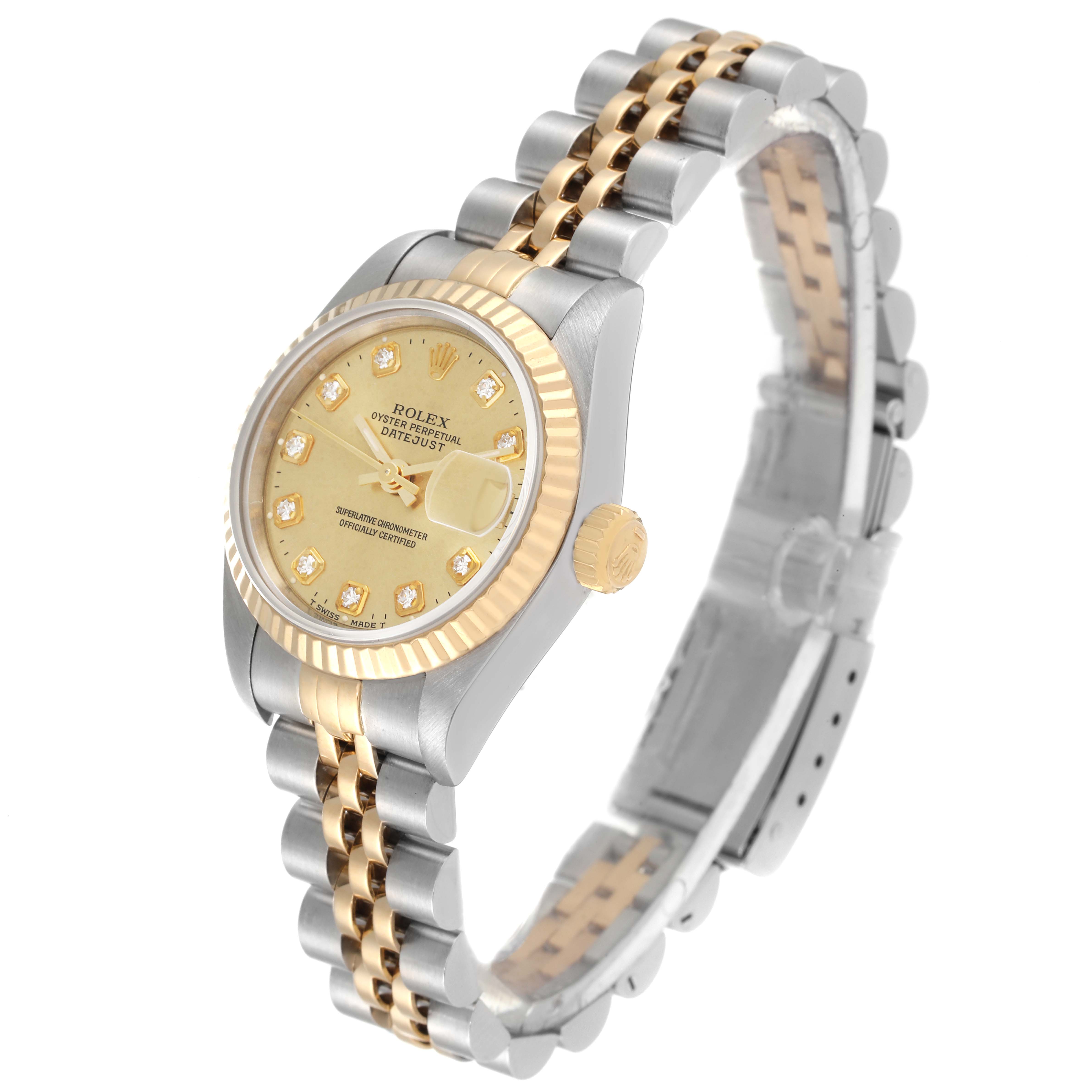 This image shows a two-tone Rolex Datejust 69173 Women's Steel and Gold (two tone) Champagne Dial 69173 Women's Steel and Gold (two tone) Champagne Dial watch with a gold dial, fluted bezel, and Jubilee bracelet, viewed at an angle.
