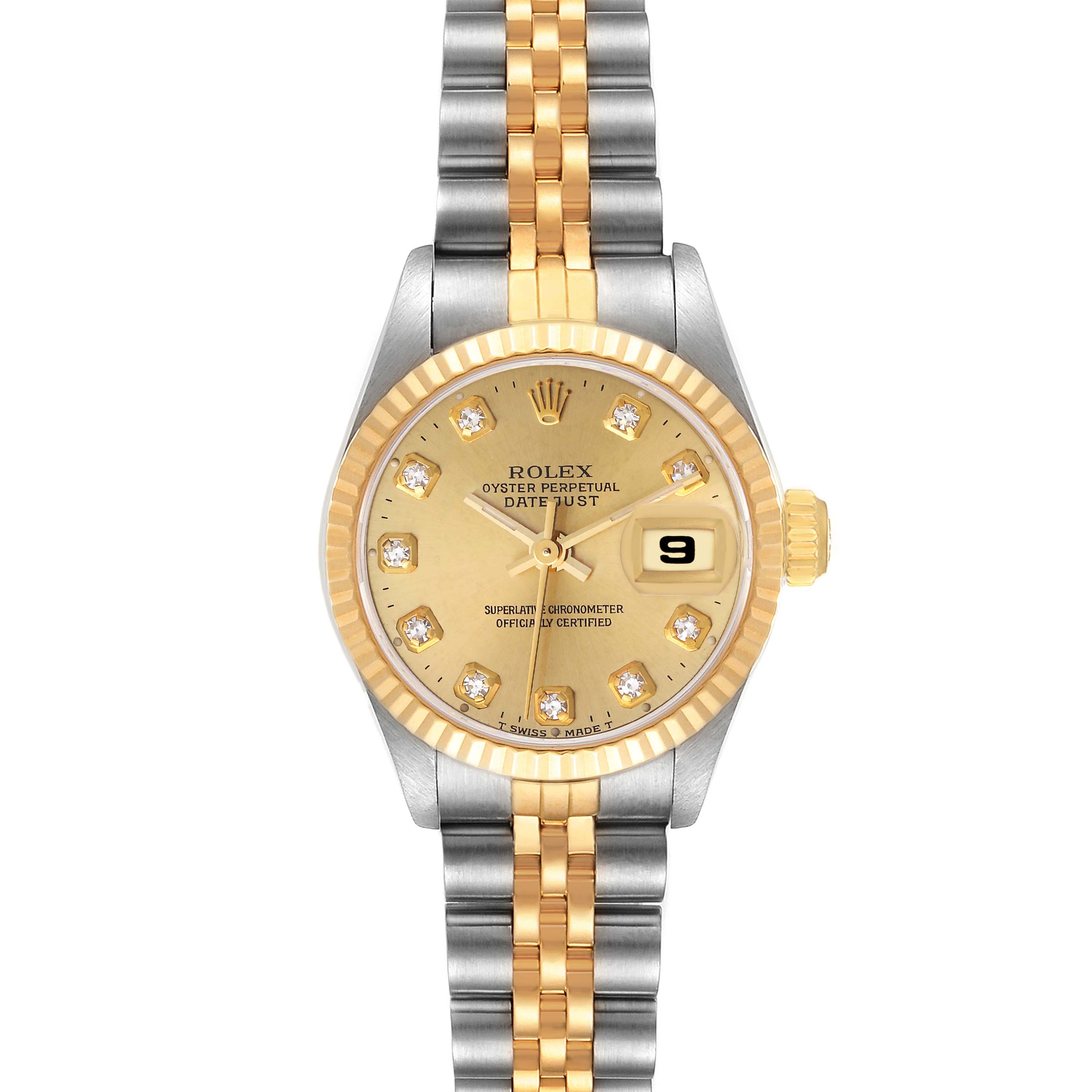 This Rolex Datejust 69173 Women's Steel and Gold (two tone) Champagne Dial 69173 Women's Steel and Gold (two tone) Champagne Dial watch is shown from the front, displaying the dial, bezel, and part of the two-tone bracelet.