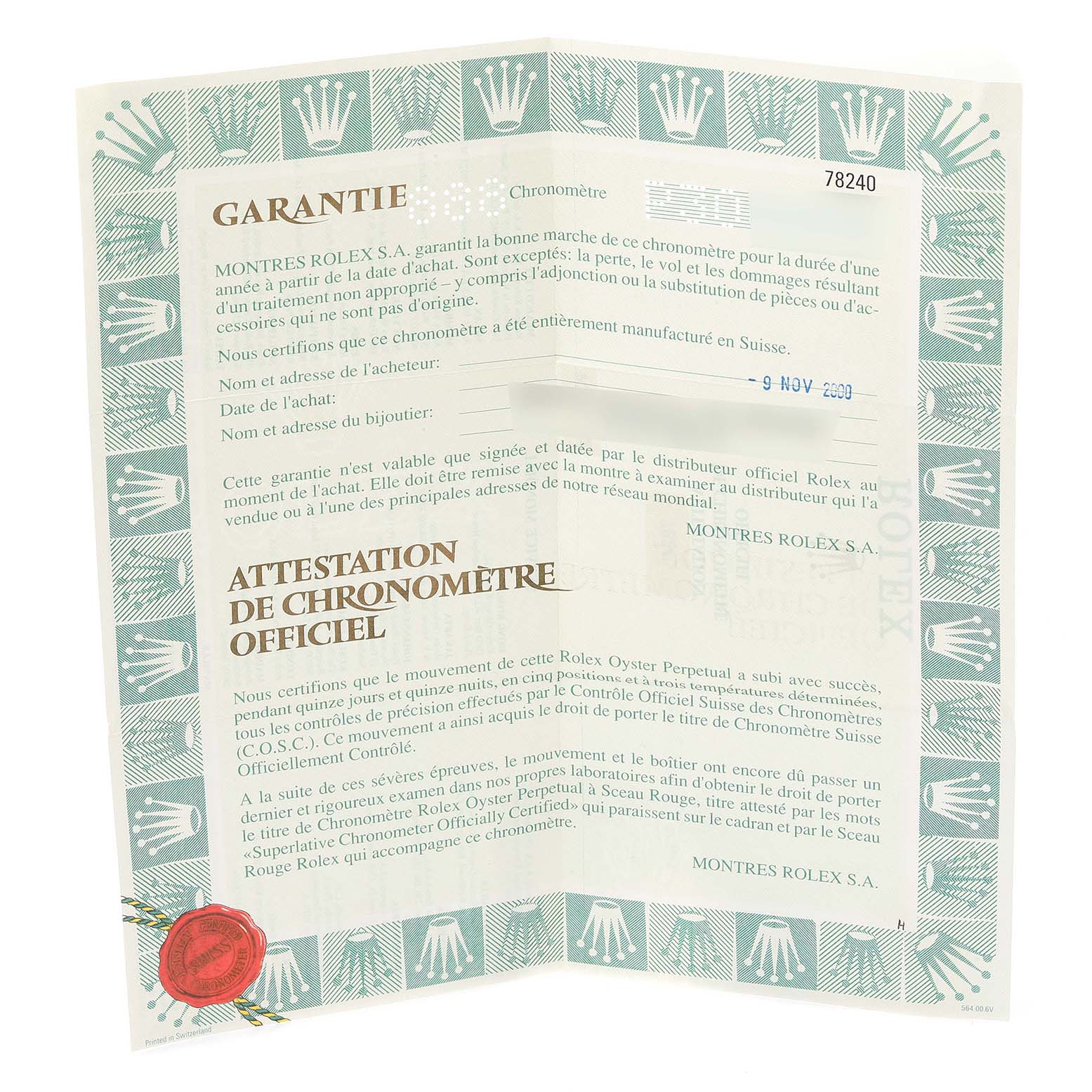 The image shows a Rolex certificate of guarantee and chronometer certification, with the edges displaying the Rolex logo.