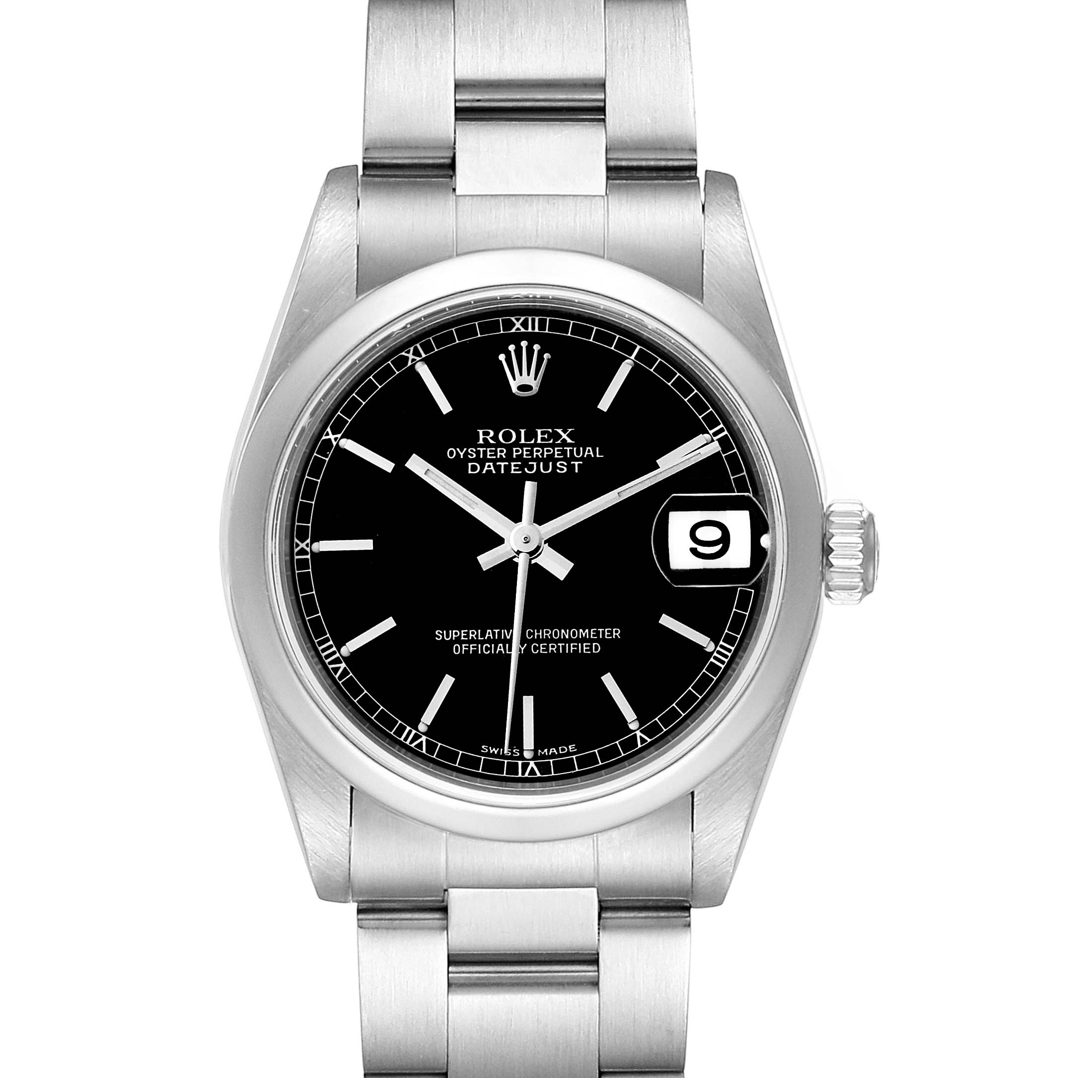 This is a front view of a Rolex Oyster Perpetual Datejust Mid-Size watch showing the face, bracelet, and date window at 3 o'clock.