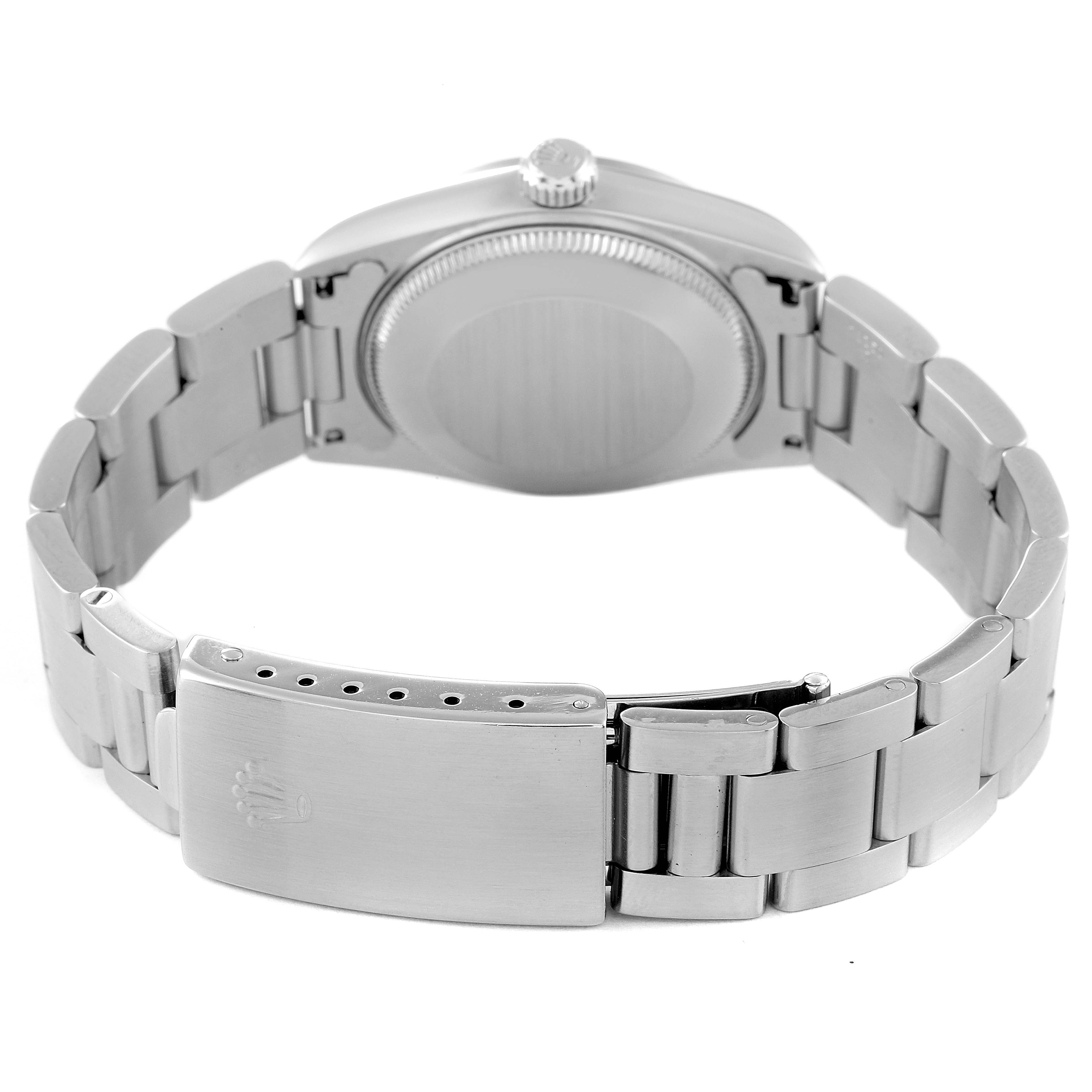 The image shows the rear view of a Rolex Mid-Size 78240 Women's Stainless Steel Black Dial 78240 Women's Stainless Steel Black Dial model watch, highlighting the clasp and bracelet.