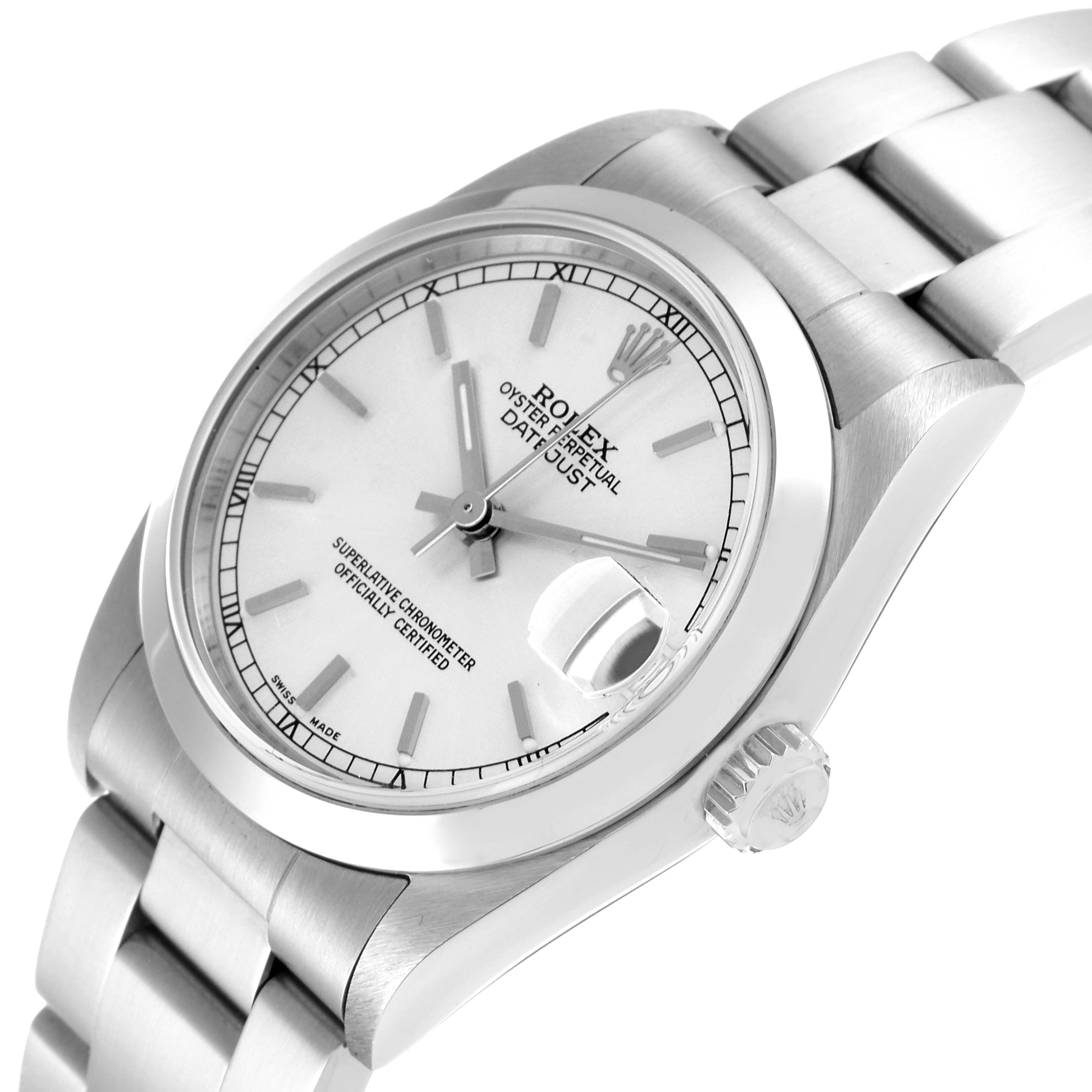 The Rolex Mid-Size 78240 Women
s Stainless Steel Silver Dial 78240 Women
s Stainless Steel Silver Dial Oyster Perpetual Datejust watch is shown at an oblique angle, highlighting the dial, case, and bracelet.
