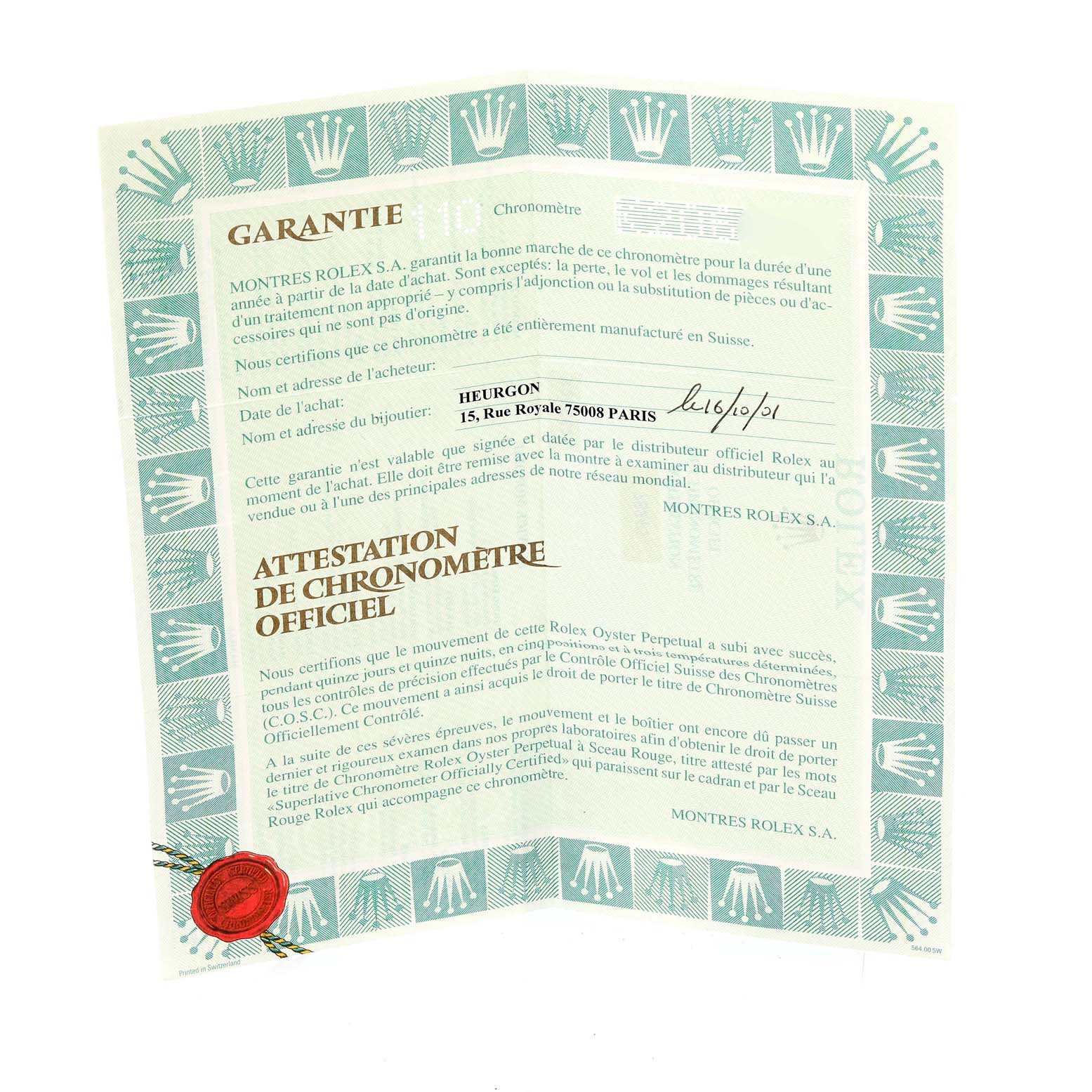 The image shows a warranty certificate for a Mid-Size Rolex watch, featuring the brand
s logos and validation details.