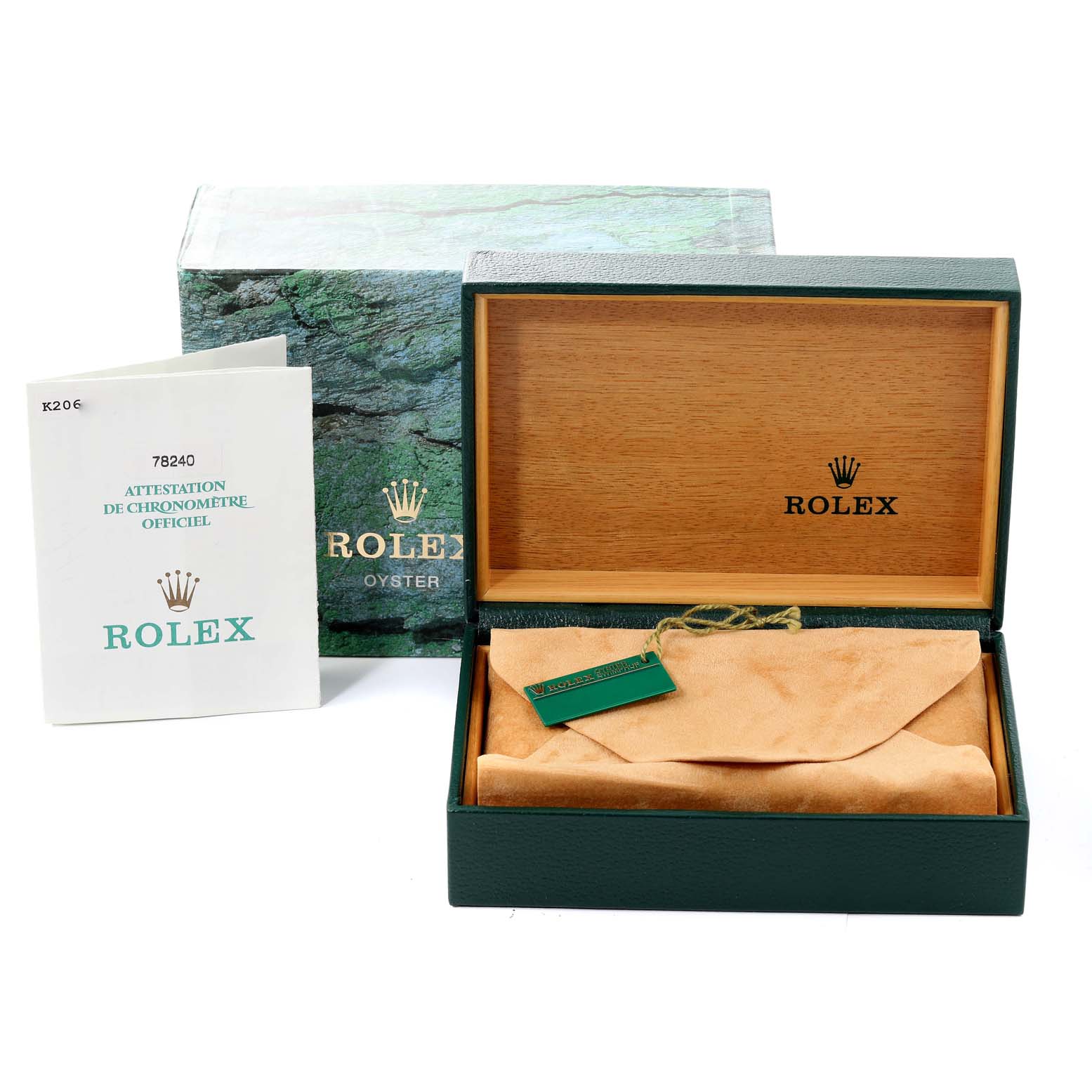 The image shows the packaging box, interior box, manual, and tag of a Rolex Mid-Size 78240 Women
s Stainless Steel Silver Dial 78240 Women
s Stainless Steel Silver Dial model.