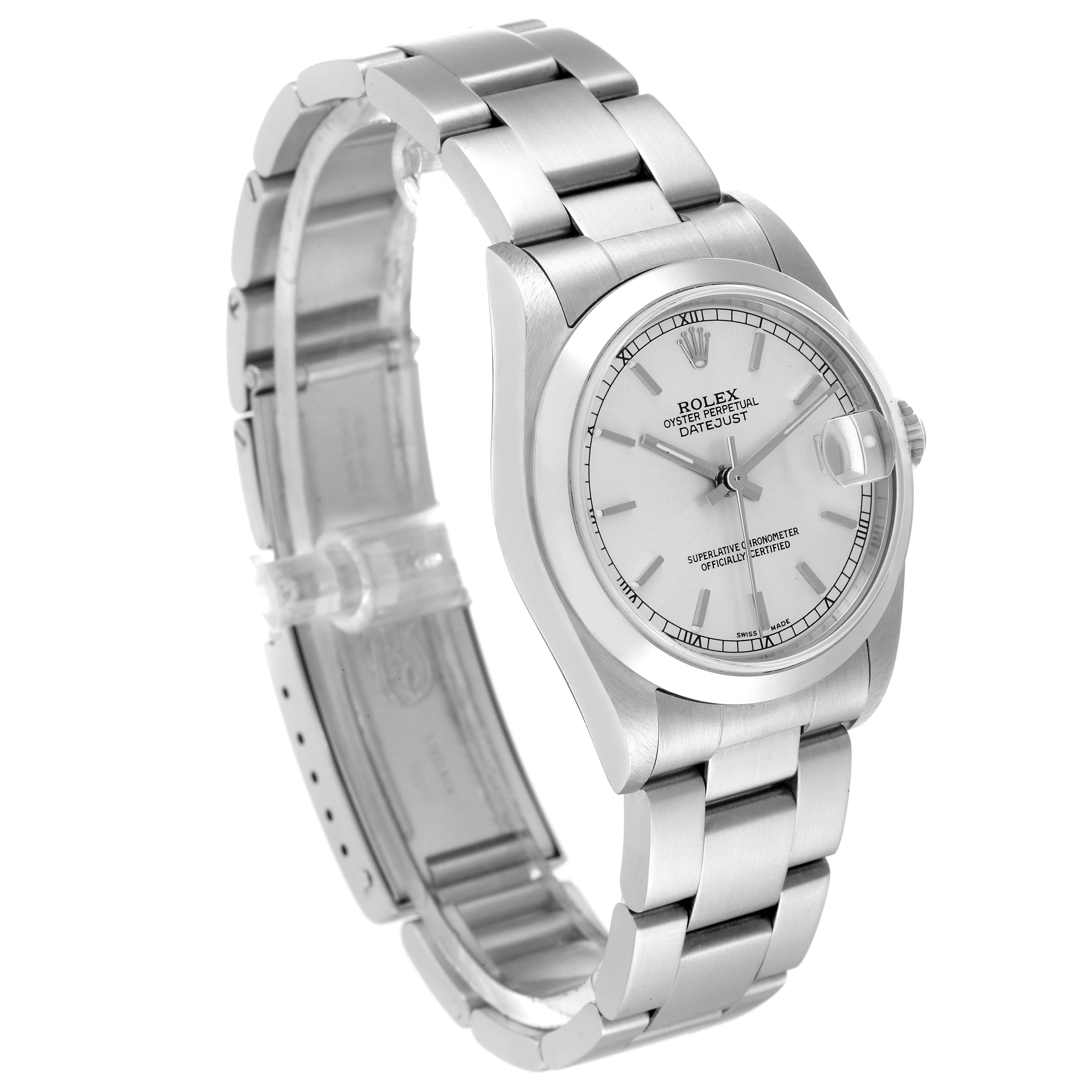 This image shows a Rolex Mid-Size 78240 Women
s Stainless Steel Silver Dial 78240 Women
s Stainless Steel Silver Dial Datejust watch from a side angle, displaying its silver bracelet and dial.