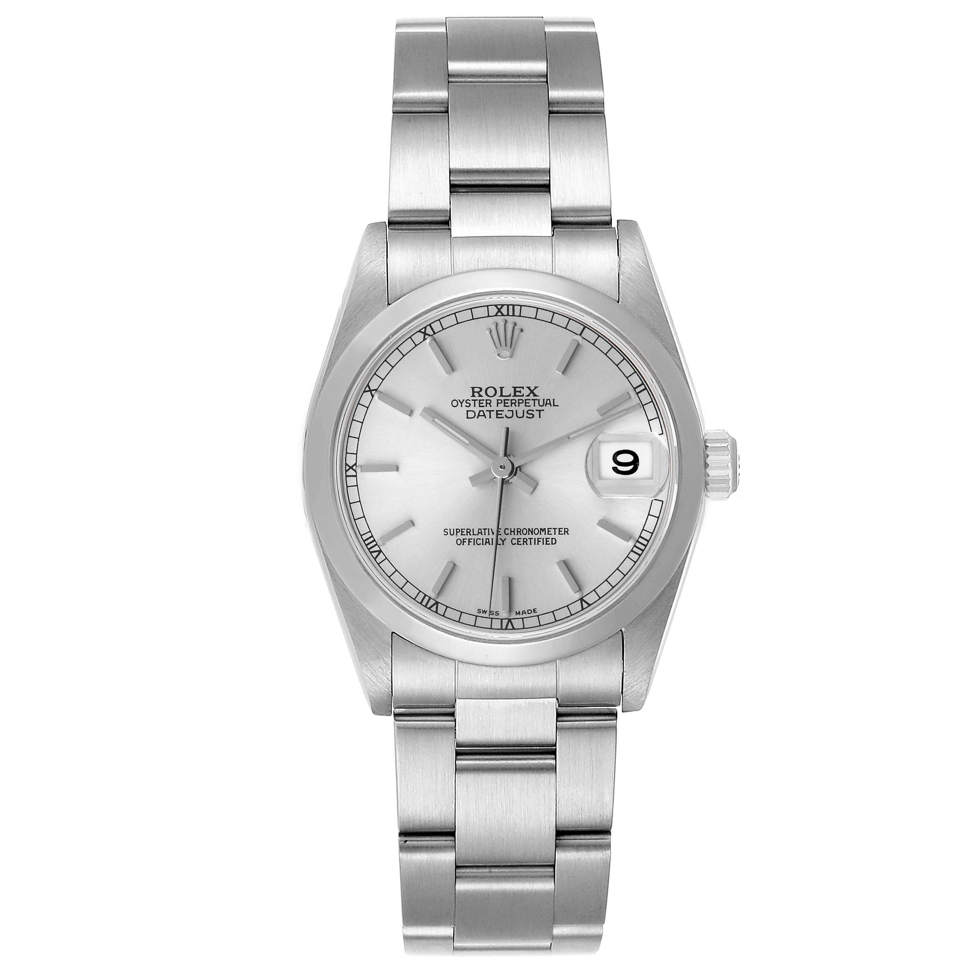 The image shows a frontal view of a Rolex Mid-Size 78240 Women
s Stainless Steel Silver Dial 78240 Women
s Stainless Steel Silver Dial Oyster Perpetual Datejust watch, including its dial, bezel, crown, and bracelet.