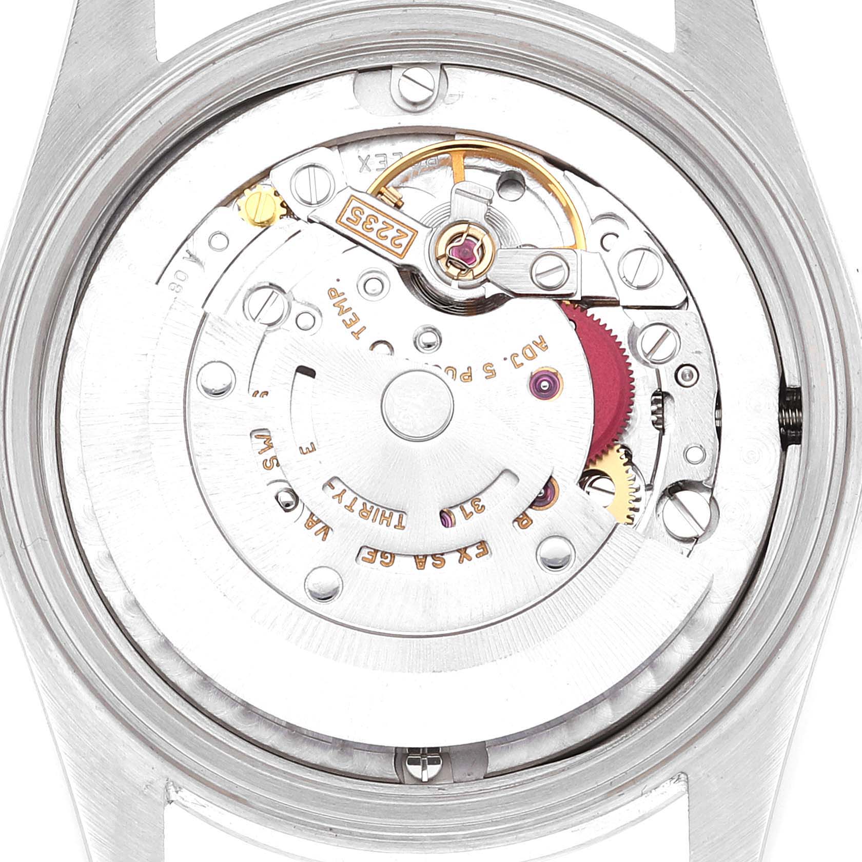 The image shows the back view of a Rolex Mid-Size 78240 Women
s Stainless Steel Silver Dial 78240 Women
s Stainless Steel Silver Dial model, highlighting its internal watch mechanism and movement components.