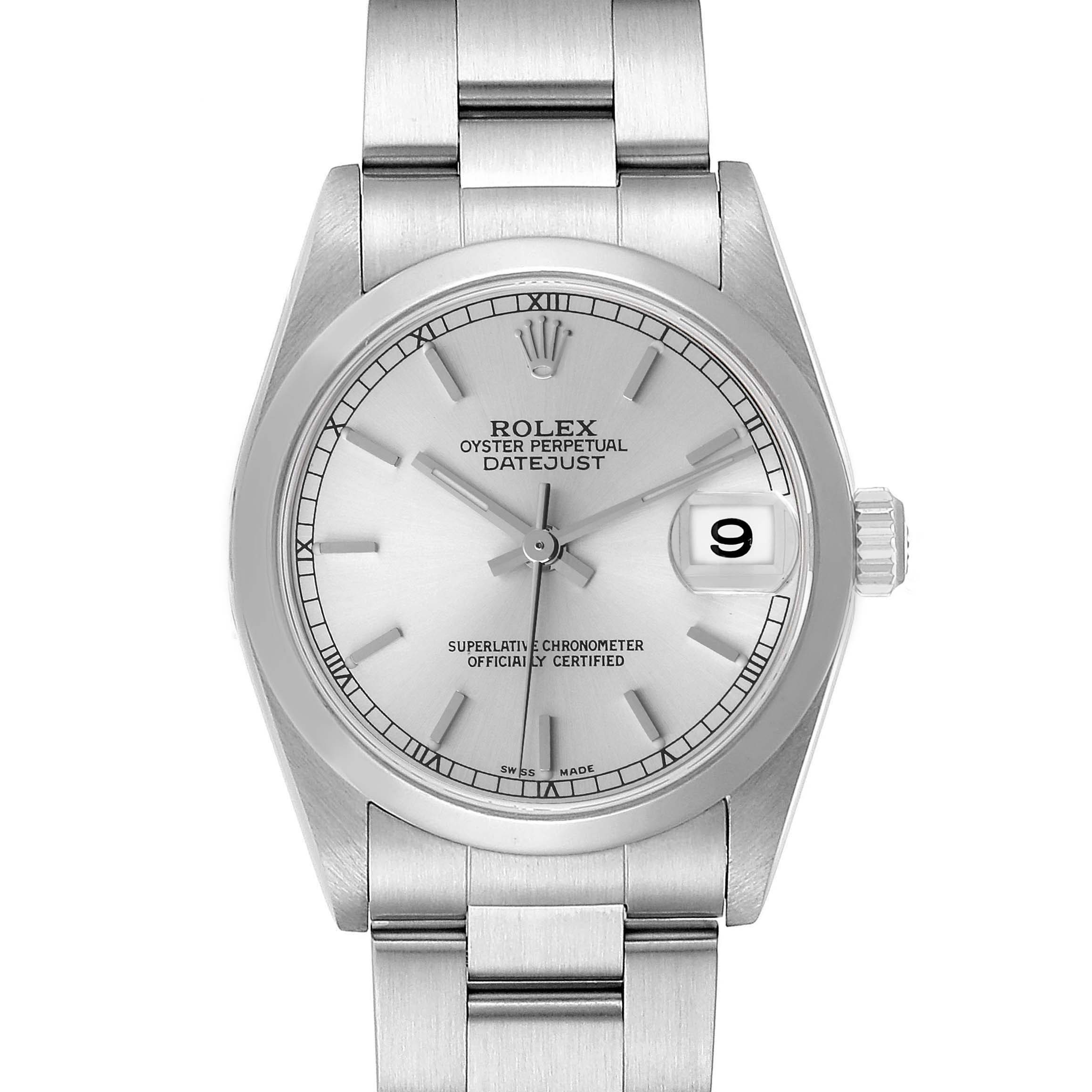The Rolex Mid-Size 78240 Women
s Stainless Steel Silver Dial 78240 Women
s Stainless Steel Silver Dial Oyster Perpetual Datejust watch is shown from a frontal angle, displaying its dial, bracelet, and crown.