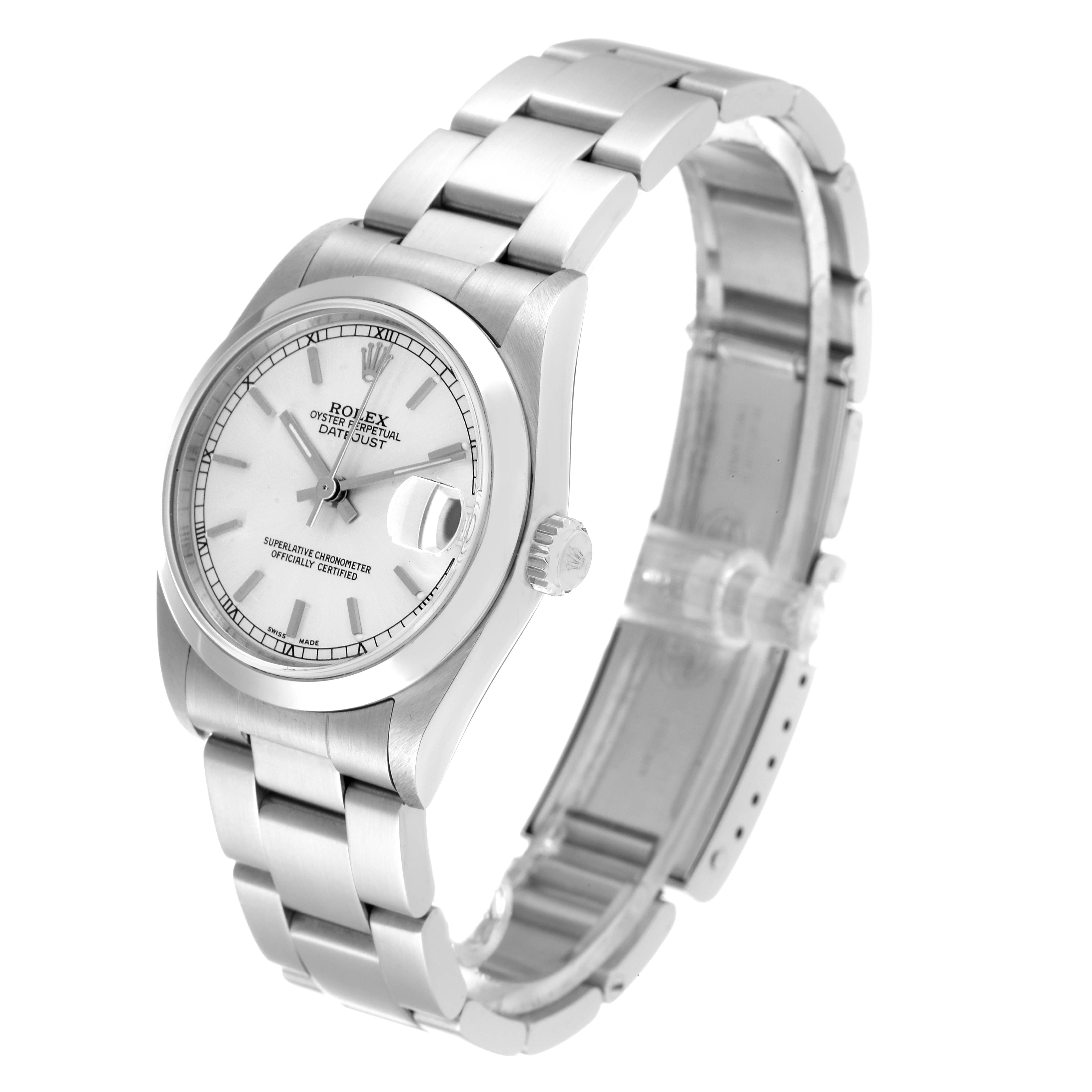 A side-angle view of the Rolex Mid-Size 78240 Women
s Stainless Steel Silver Dial 78240 Women
s Stainless Steel Silver Dial model shows the dial, bezel, crown, and bracelet.