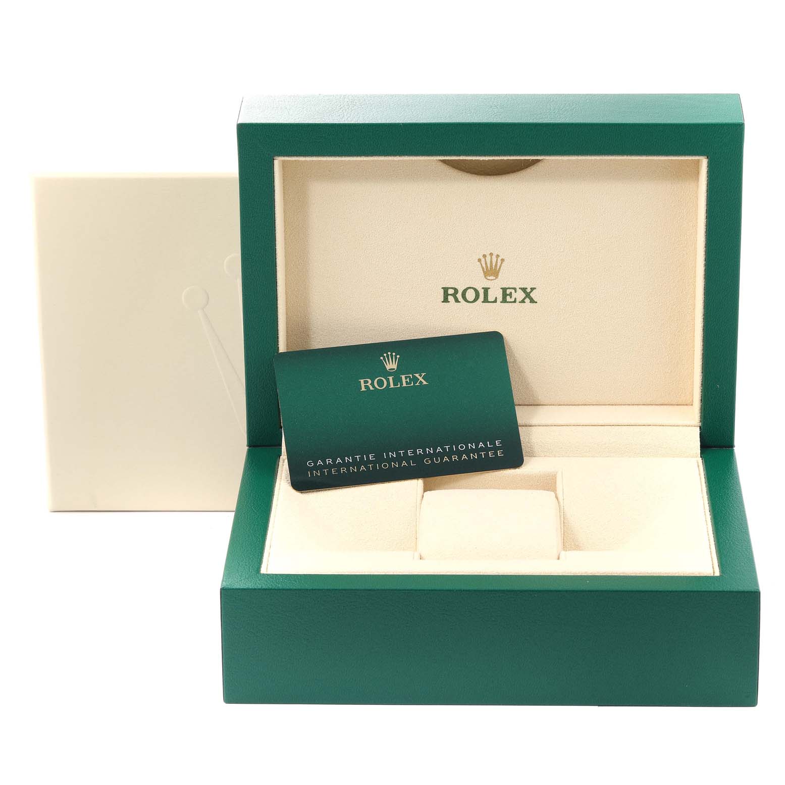This is a Rolex Datejust 126200 Men's Stainless Steel Grey Dial 126200 Men's Stainless Steel Grey Dial packaging box, shown open with a warranty card inside.