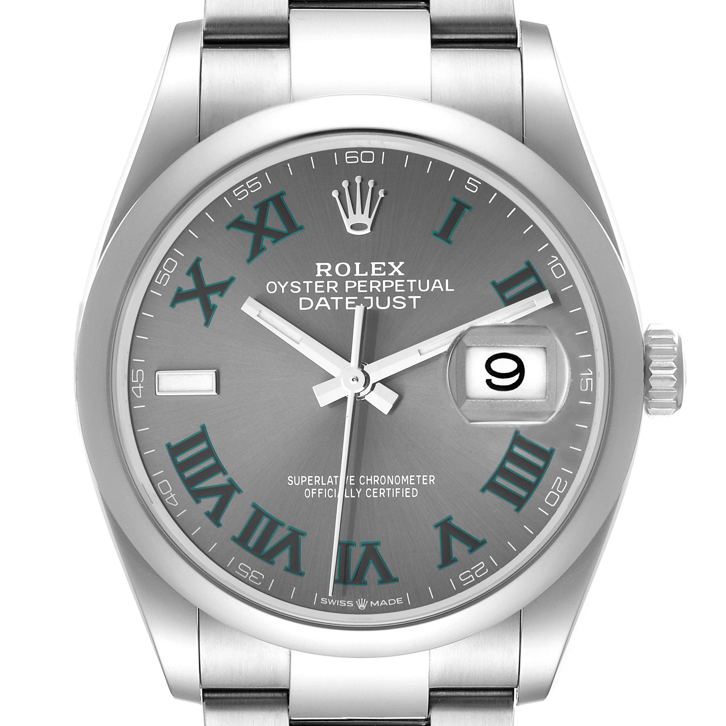 This image shows a frontal view of the Rolex Datejust 126200 Men's Stainless Steel Grey Dial 126200 Men's Stainless Steel Grey Dial watch, featuring the dial, hands, date window, and part of the bracelet.