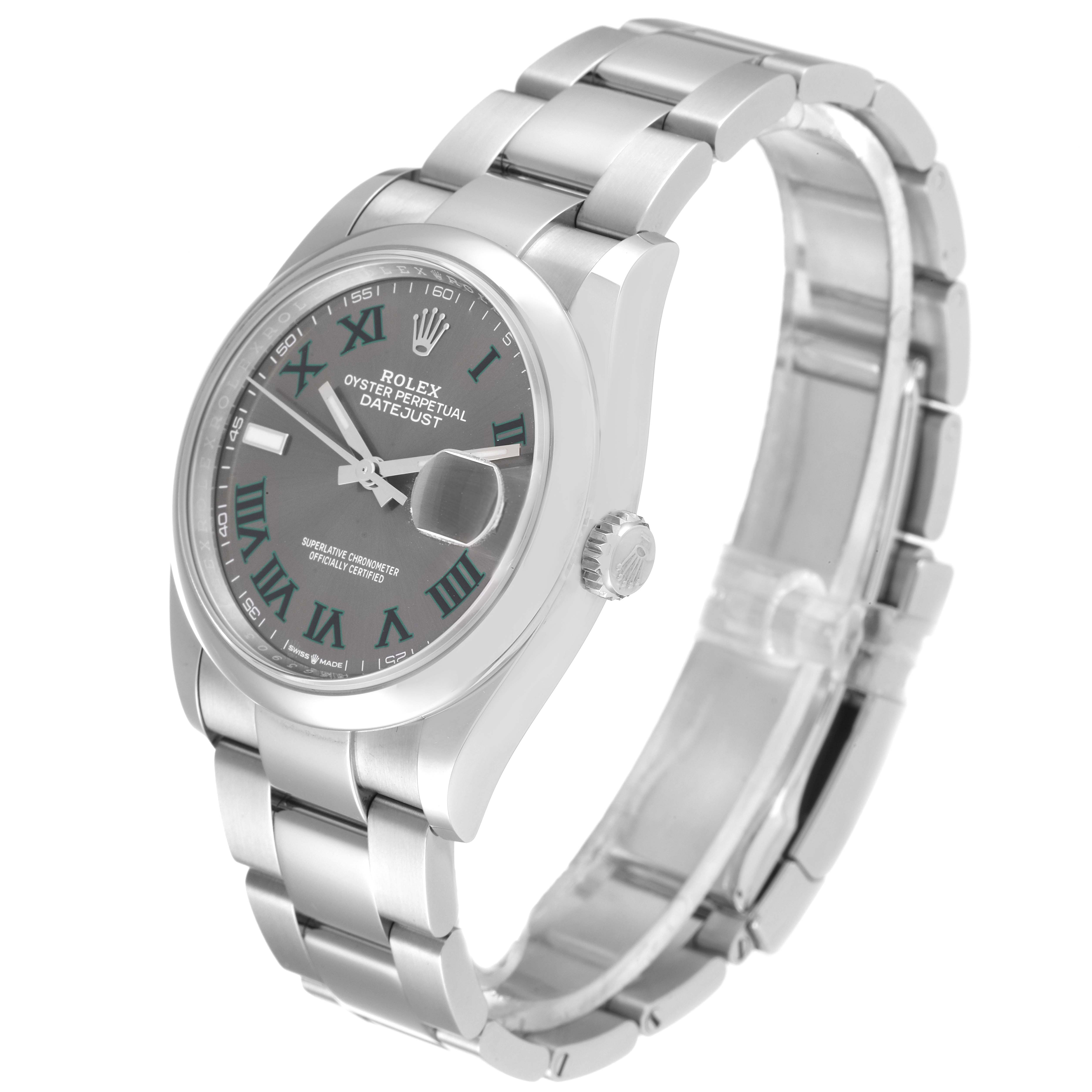 The Rolex Datejust 126200 Men's Stainless Steel Grey Dial 126200 Men's Stainless Steel Grey Dial watch is shown at an angle displaying the face, dial, bezel, bracelet, and crown.