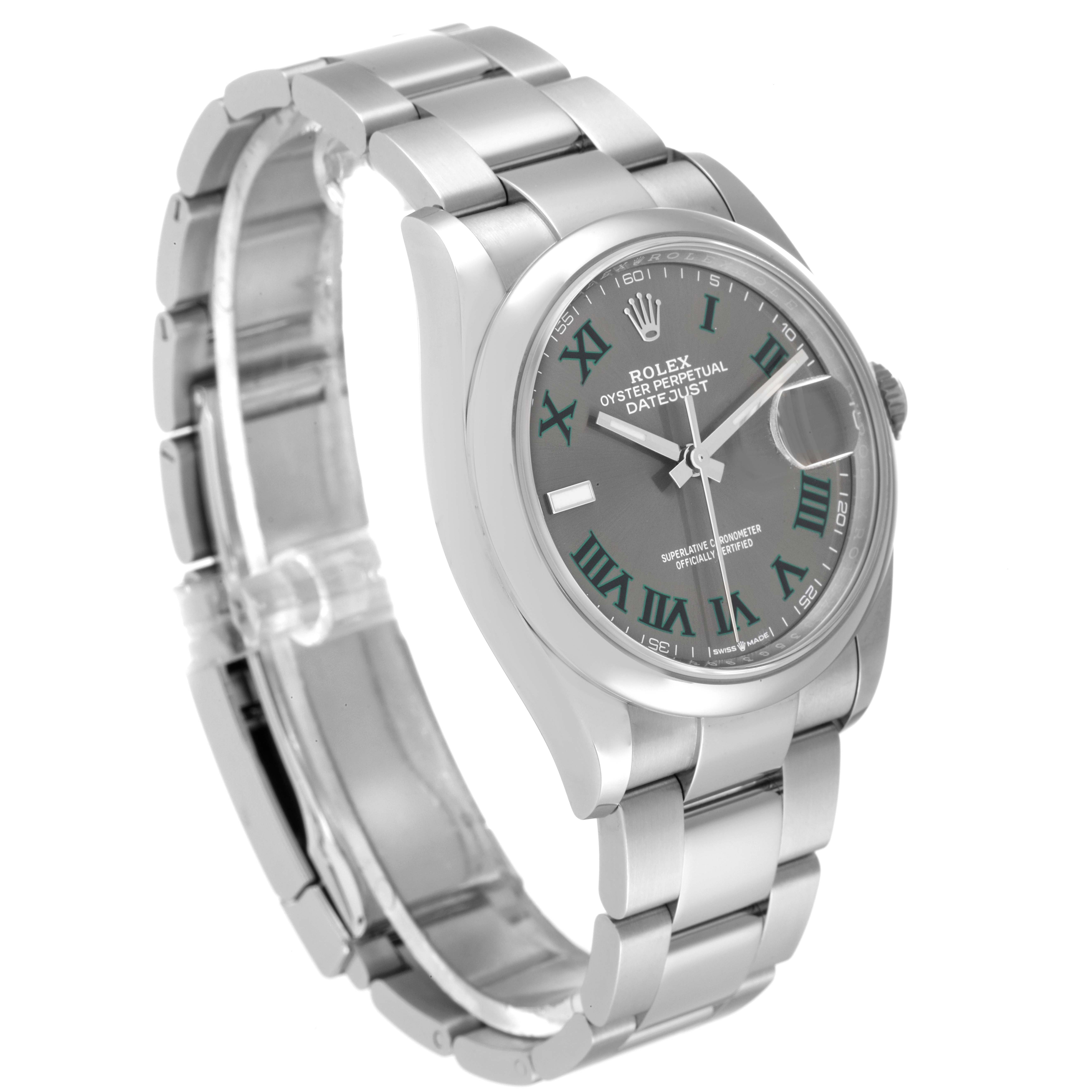 The image shows a Rolex Datejust 126200 Men's Stainless Steel Grey Dial 126200 Men's Stainless Steel Grey Dial watch at a slight angle, highlighting its face, bezel, crown, and bracelet.