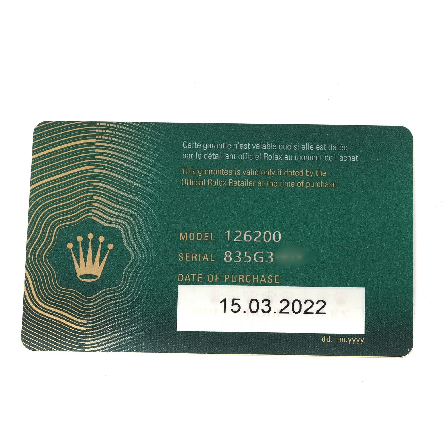 The image shows the warranty card of a Rolex Datejust 126200 Men's Stainless Steel Grey Dial 126200 Men's Stainless Steel Grey Dial model 126200 with a purchase date of 15.03.2022.