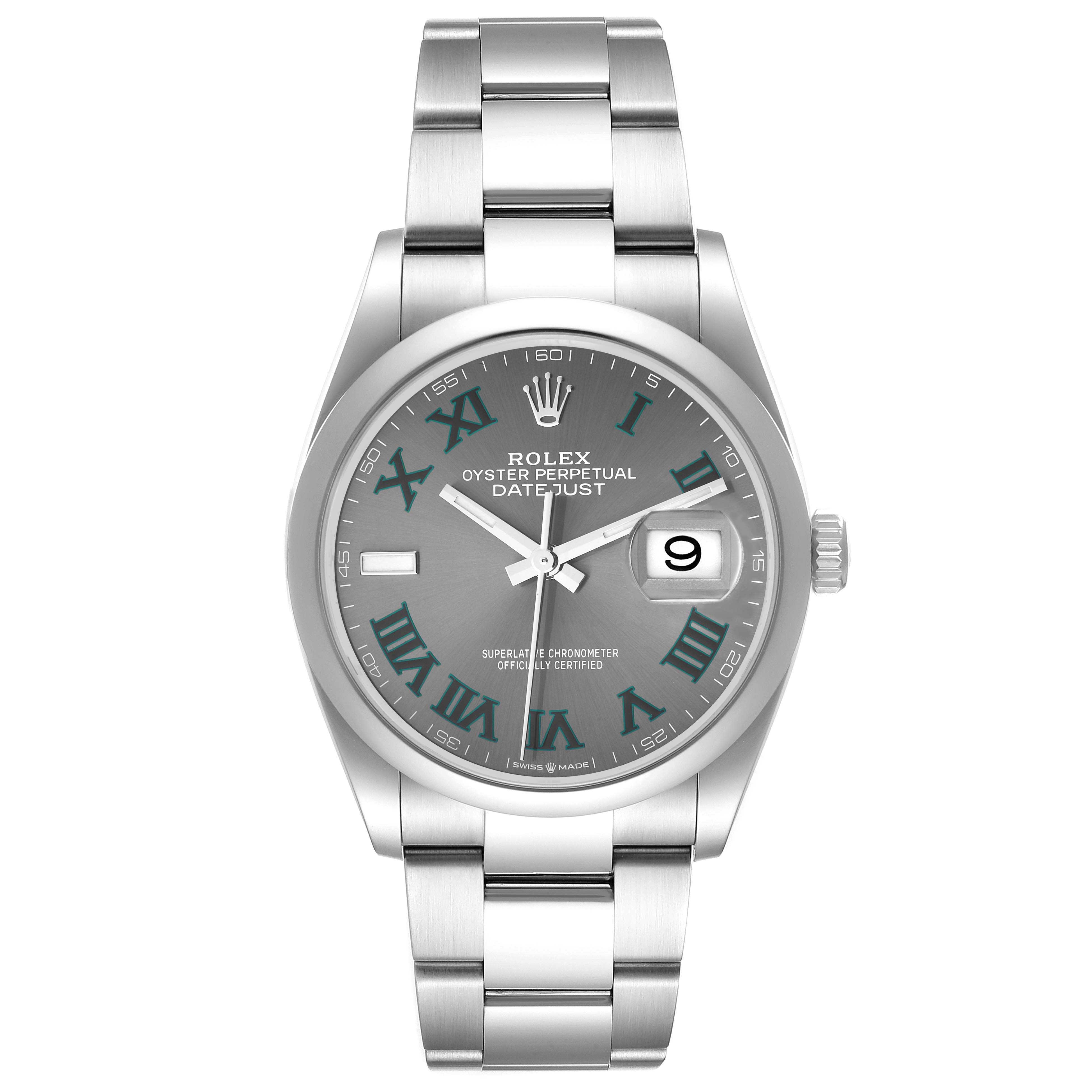 The image shows a frontal view of a Rolex Datejust 126200 Men's Stainless Steel Grey Dial 126200 Men's Stainless Steel Grey Dial watch, displaying the face, dial, hands, date window, bezel, and bracelet.