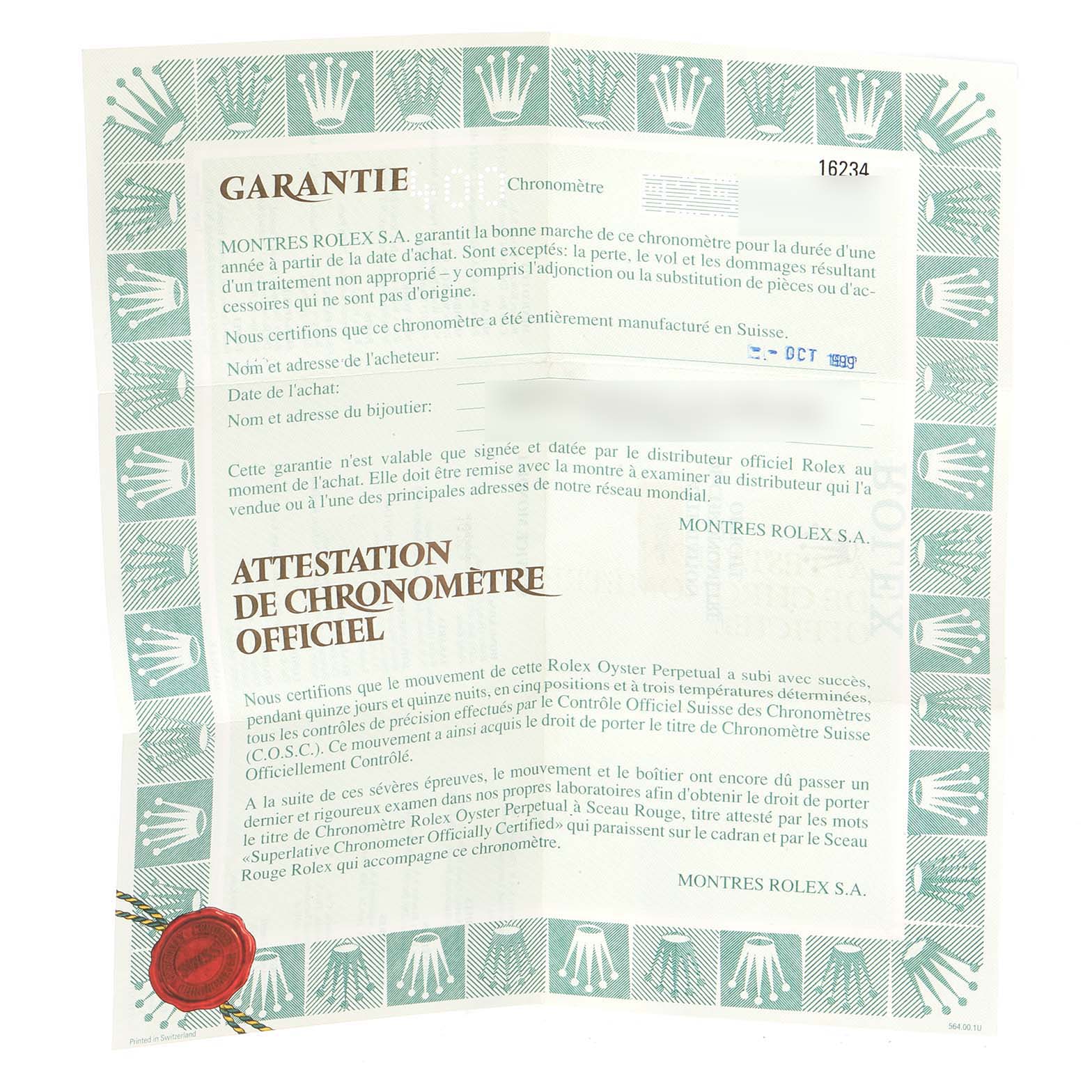 The image shows the warranty and official chronometer certification for the Rolex Datejust 16234 Men
s Stainless Steel Pink Dial 16234 Men
s Stainless Steel Pink Dial model.