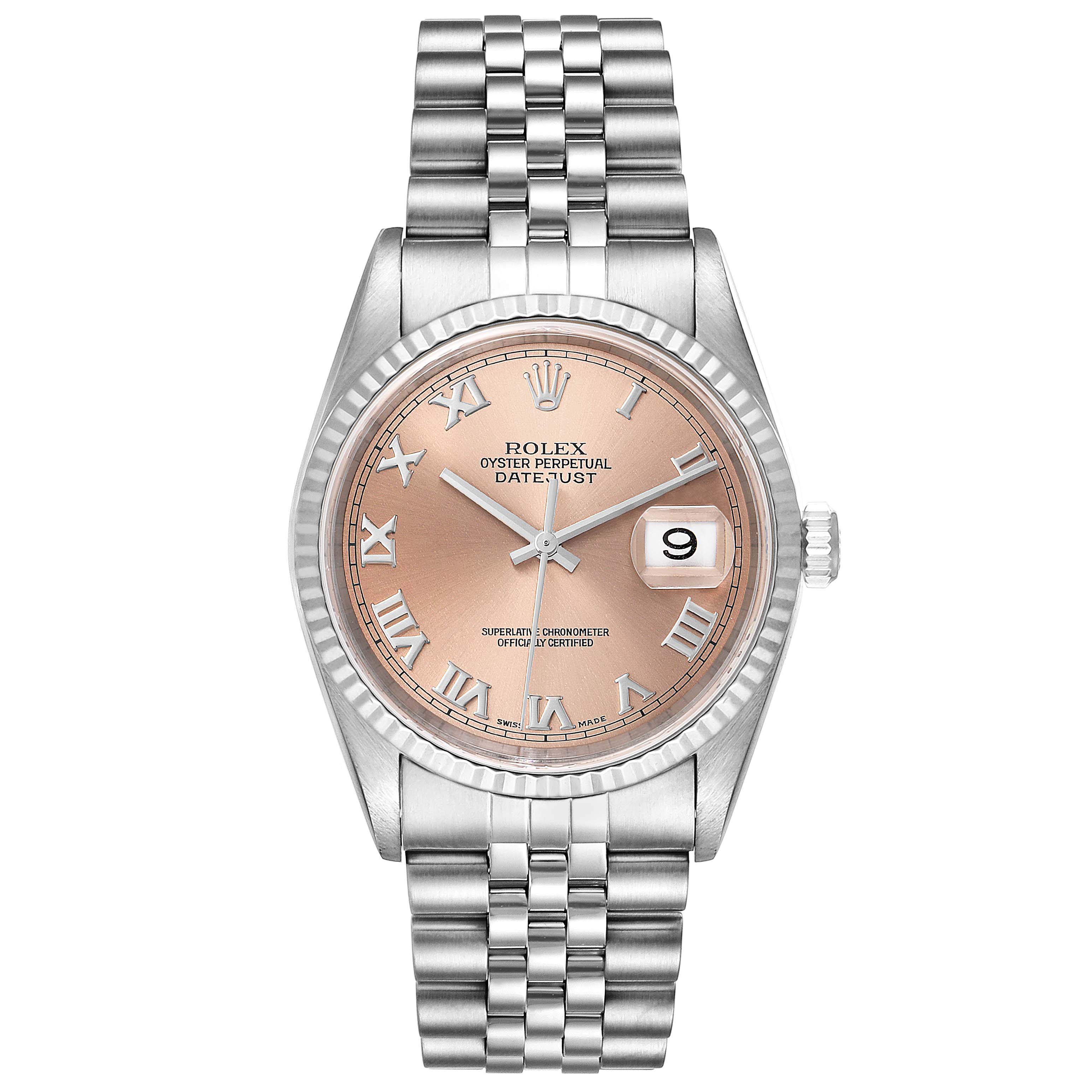 The image shows a front view of a Rolex Datejust 16234 Men
s Stainless Steel Pink Dial 16234 Men
s Stainless Steel Pink Dial watch, highlighting the dial, bezel, crown, and bracelet.