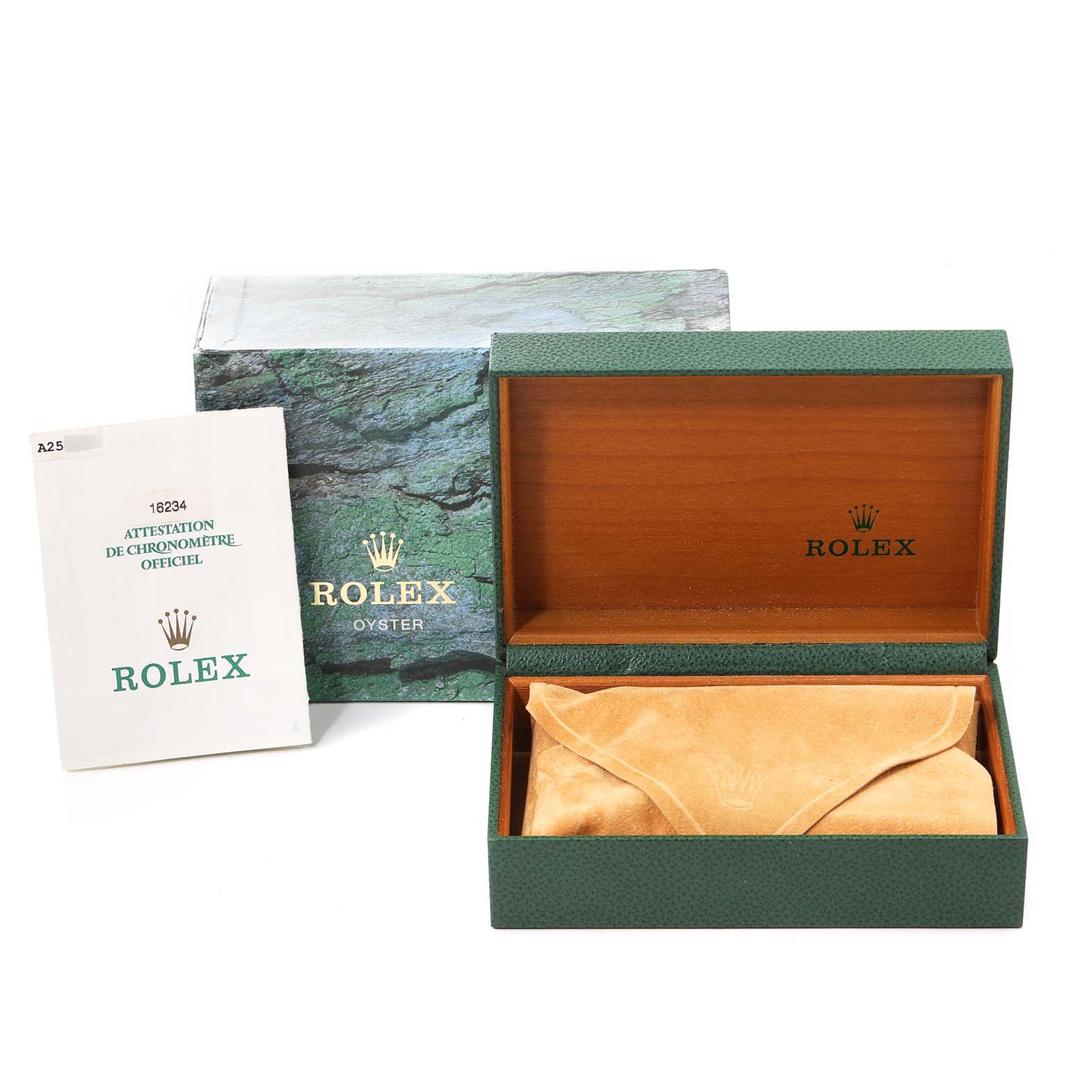 The image shows a Rolex Datejust 16234 Men
s Stainless Steel Pink Dial 16234 Men
s Stainless Steel Pink Dial watch box, its outer box, a certificate, and a watch pouch, all viewed from an angle.