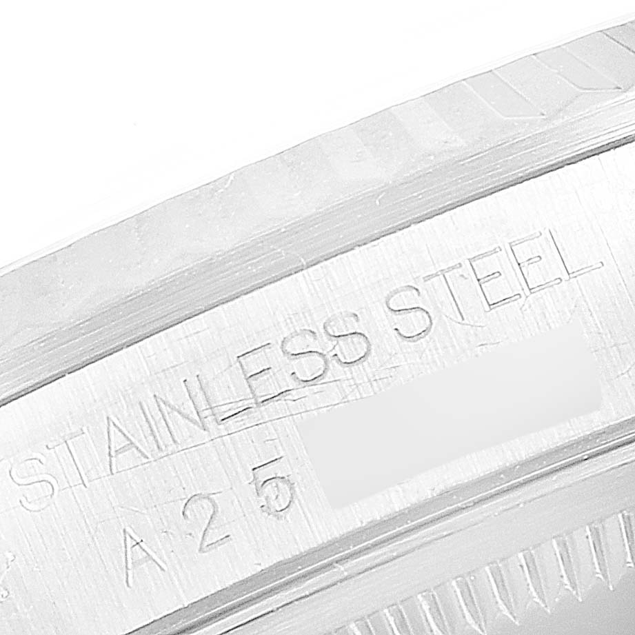 This image shows a close-up angle of the stainless steel engraving on a Rolex Datejust 16234 Men
s Stainless Steel Pink Dial 16234 Men
s Stainless Steel Pink Dial watch.