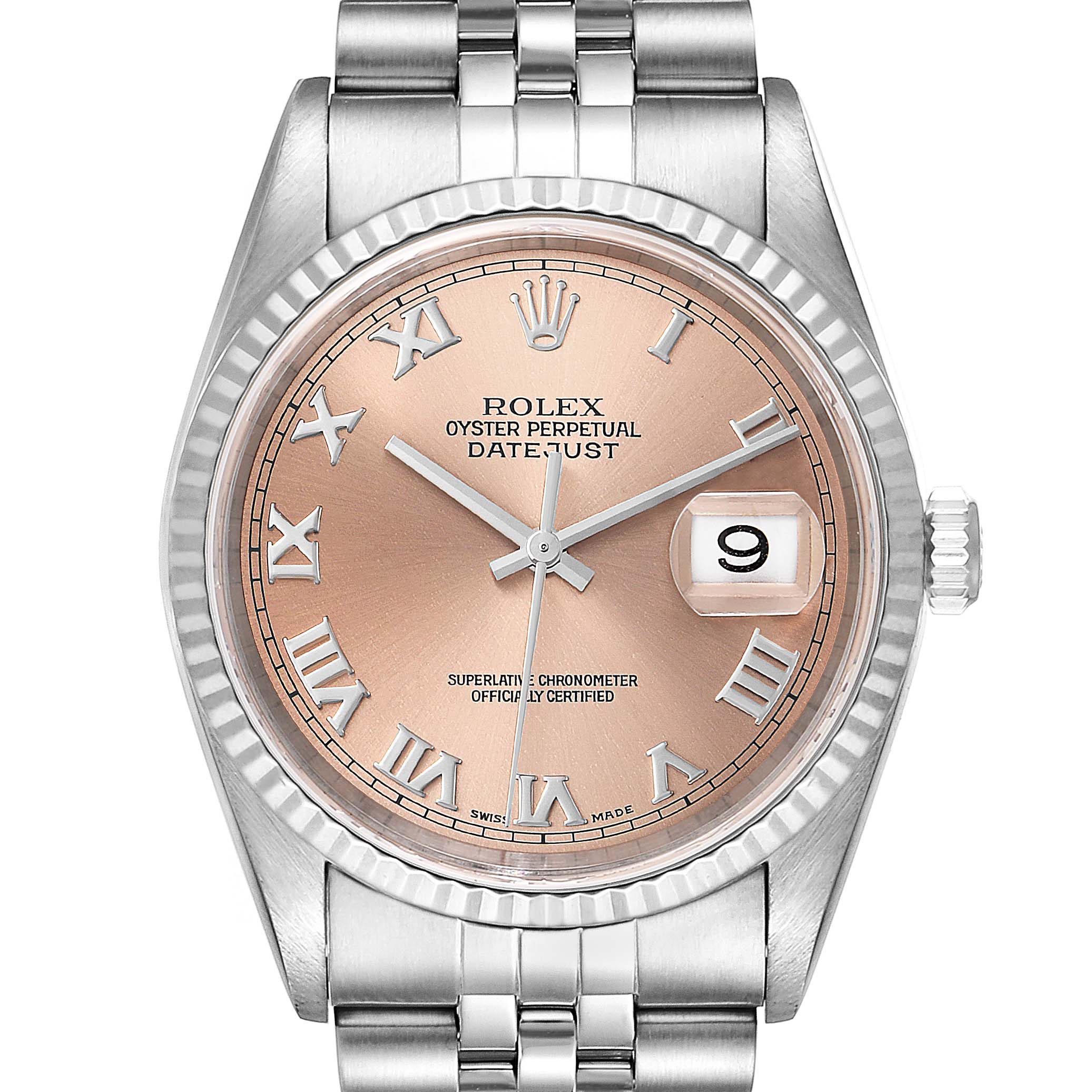 The image showcases a Rolex Datejust 16234 Men
s Stainless Steel Pink Dial 16234 Men
s Stainless Steel Pink Dial watch from a front angle, highlighting its dial, fluted bezel, and part of the bracelet.