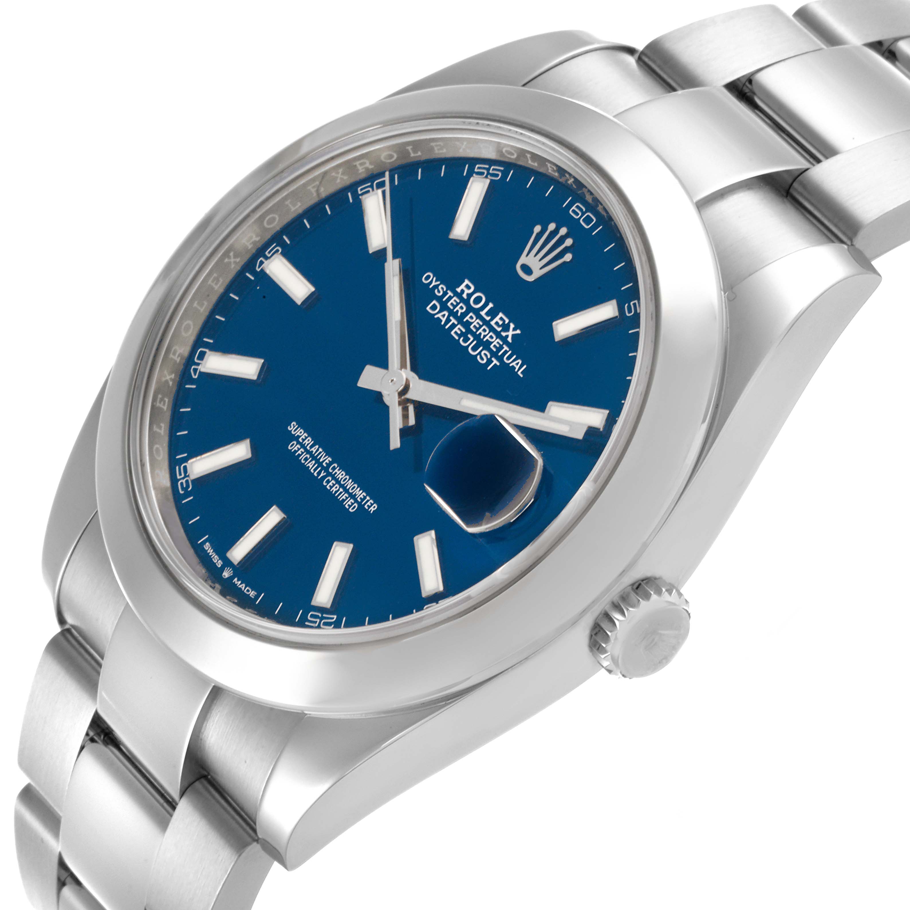 The Rolex Datejust 41 126300 Men's Stainless Steel Blue Dial 126300 Men's Stainless Steel Blue Dial is shown from an angled side view, highlighting the blue dial, bezel, case, and part of the bracelet.
