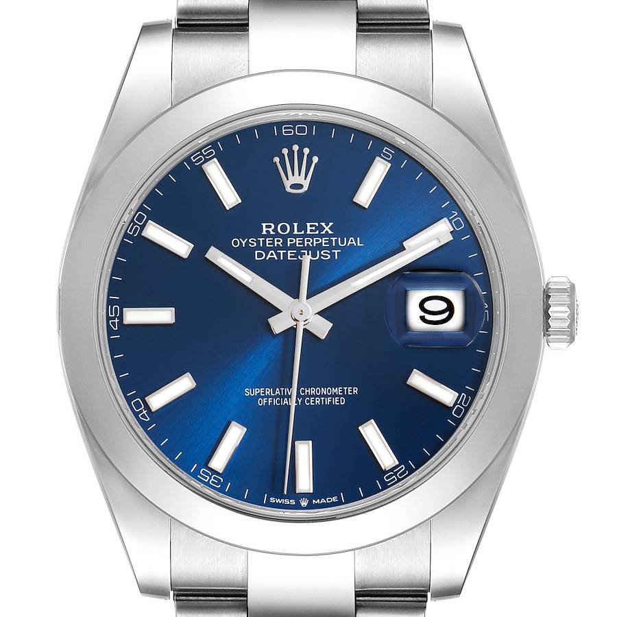 The Rolex Datejust 41 is shown from the front, displaying the dial, hands, and date with a blue face.