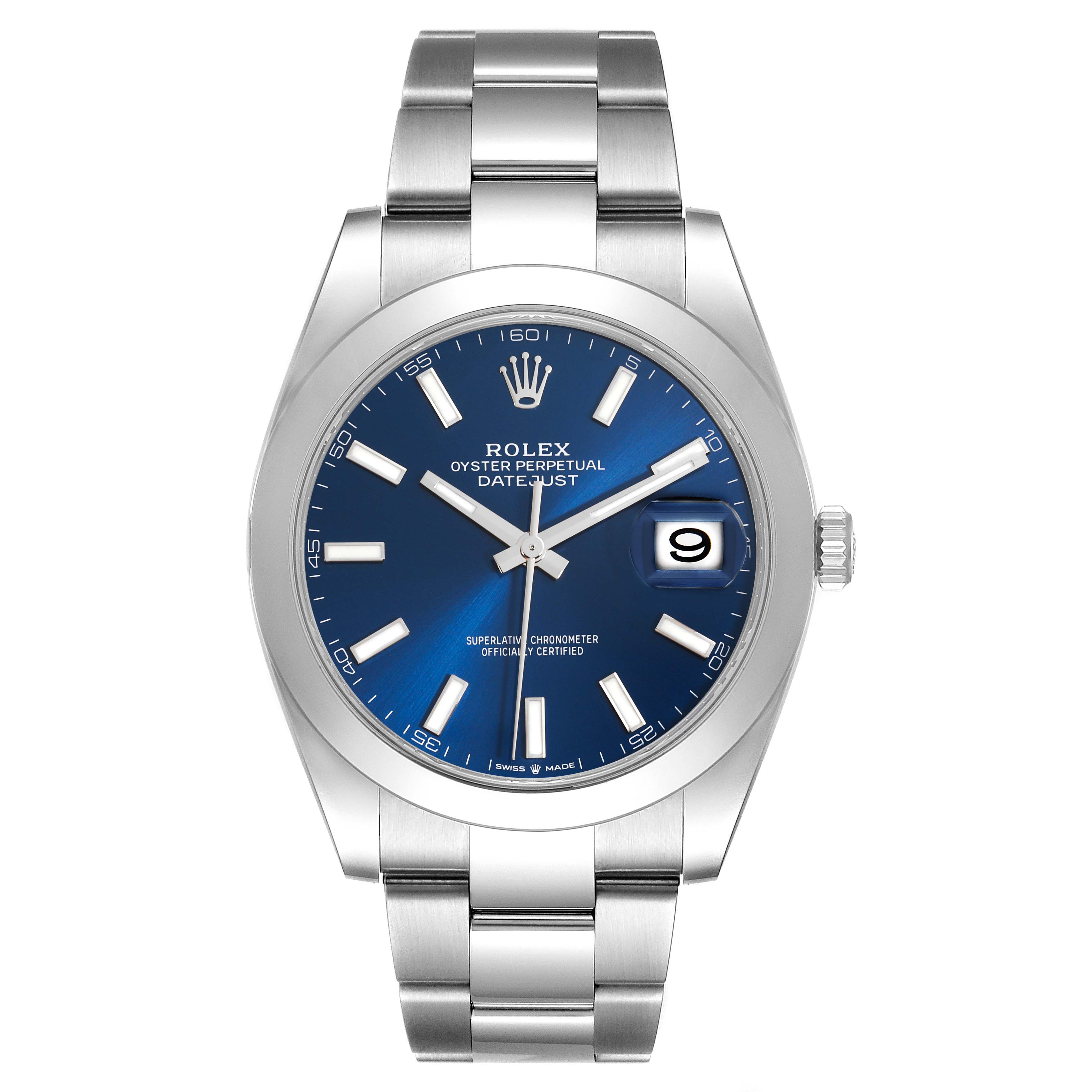 The Rolex Datejust 41 126300 Men's Stainless Steel Blue Dial 126300 Men's Stainless Steel Blue Dial is shown from the front, displaying the blue dial, hands, markers, bracelet, and the date window clearly.