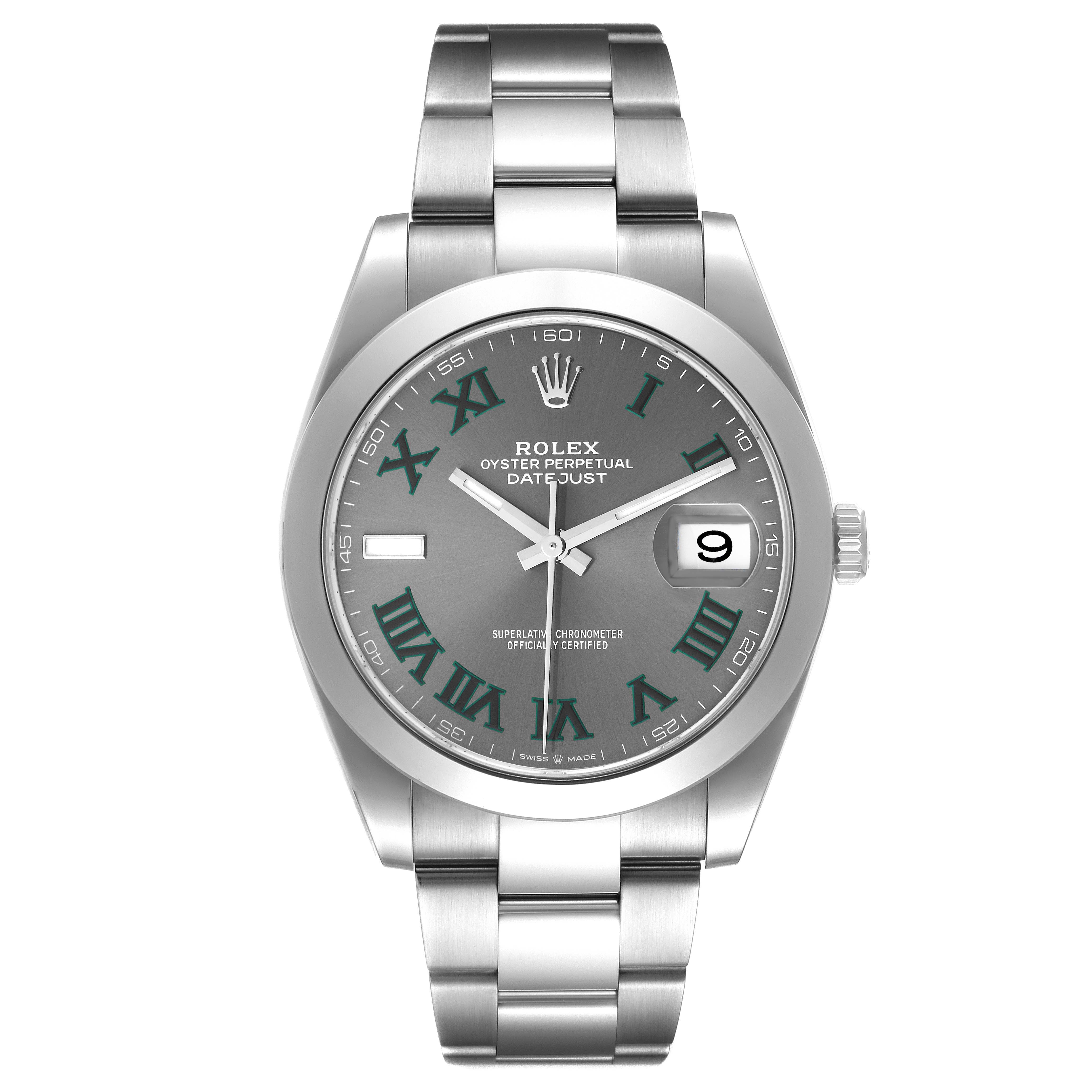 The Rolex Datejust 41 126300 Men's Stainless Steel Grey Dial 126300 Men's Stainless Steel Grey Dial is shown from the front, displaying the dial, hands, date window, and bracelet.